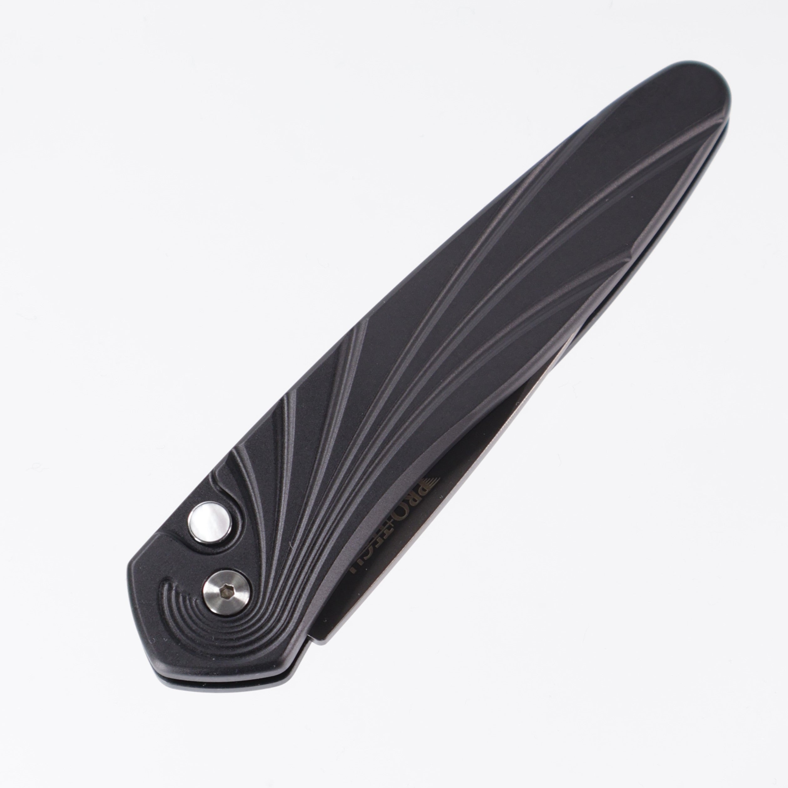 Protech Newport 3437-SG - Black Handle w/ 3D Wave milling & Mother Of Pearl button - Smokey Grey DLC S35VN