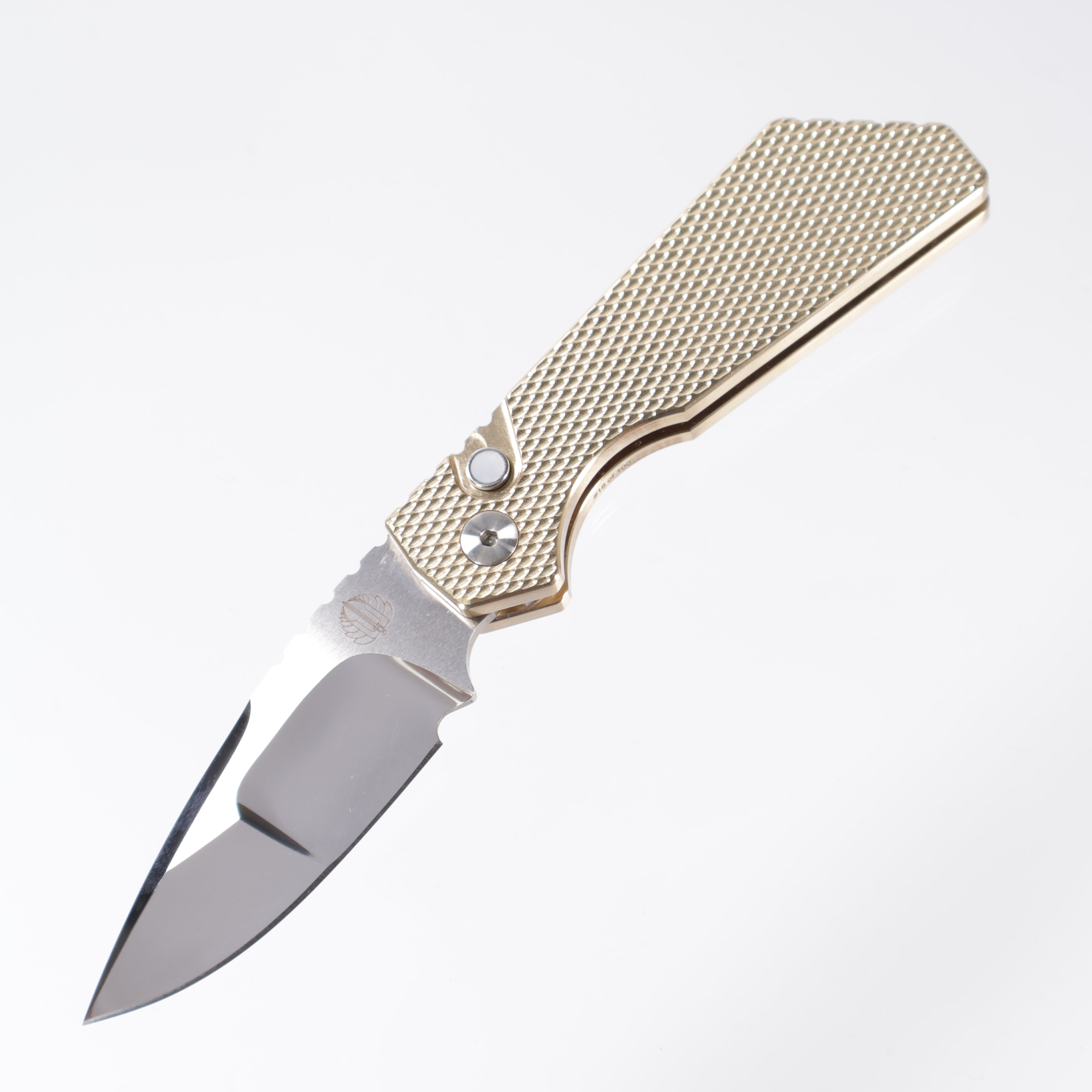 Pro-Tech Strider Custom PT+ AUTO Folding Knife 3.05" CPM-MagnaCut Mike Irie Mirror Compound Blade, Textured AlBronze Aluminum Handles, Mother of Pearl Button - 2024 PT+ Custom 005
