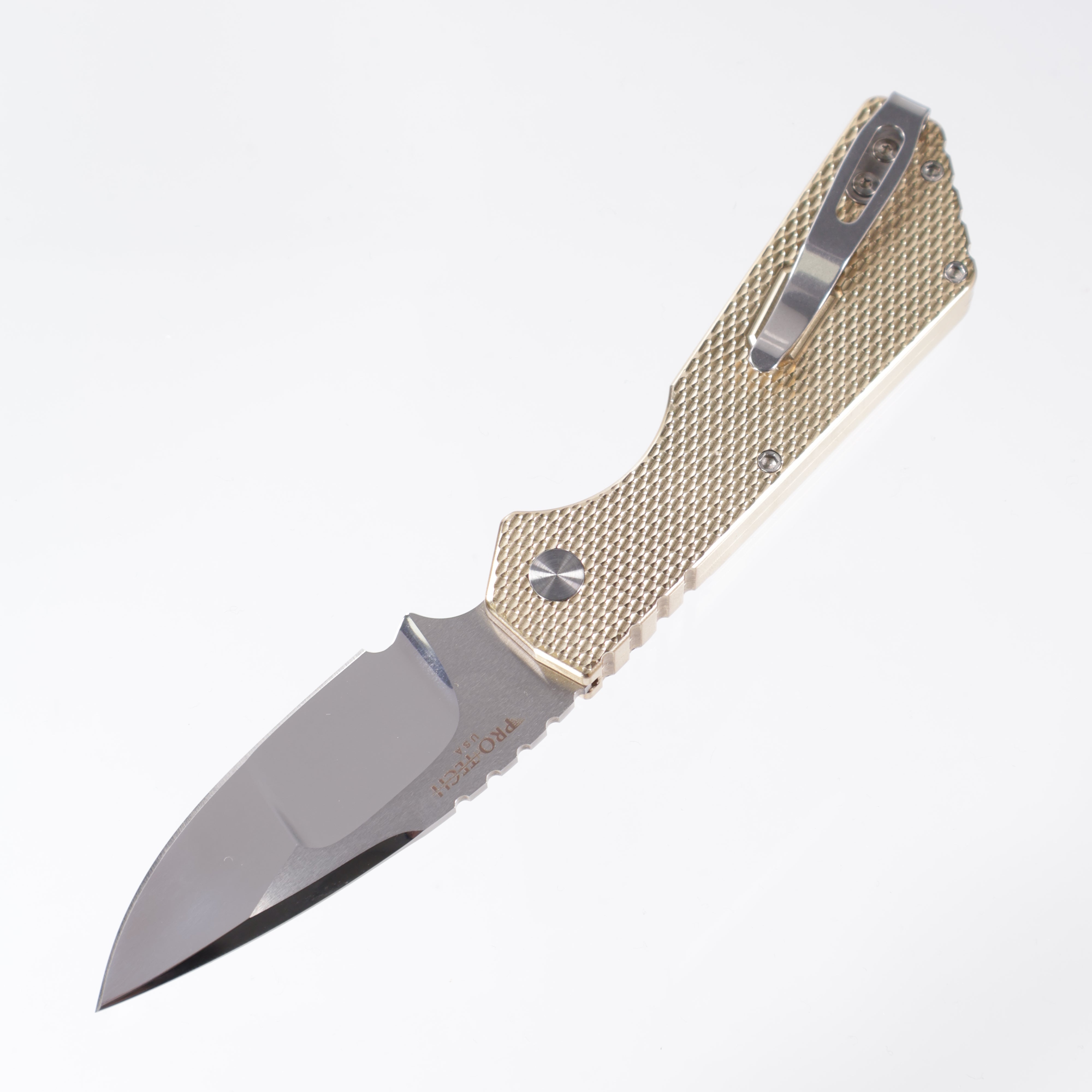 Pro-Tech Strider Custom PT+ AUTO Folding Knife 3.05" CPM-MagnaCut Mike Irie Mirror Compound Blade, Textured AlBronze Aluminum Handles, Mother of Pearl Button - 2024 PT+ Custom 005