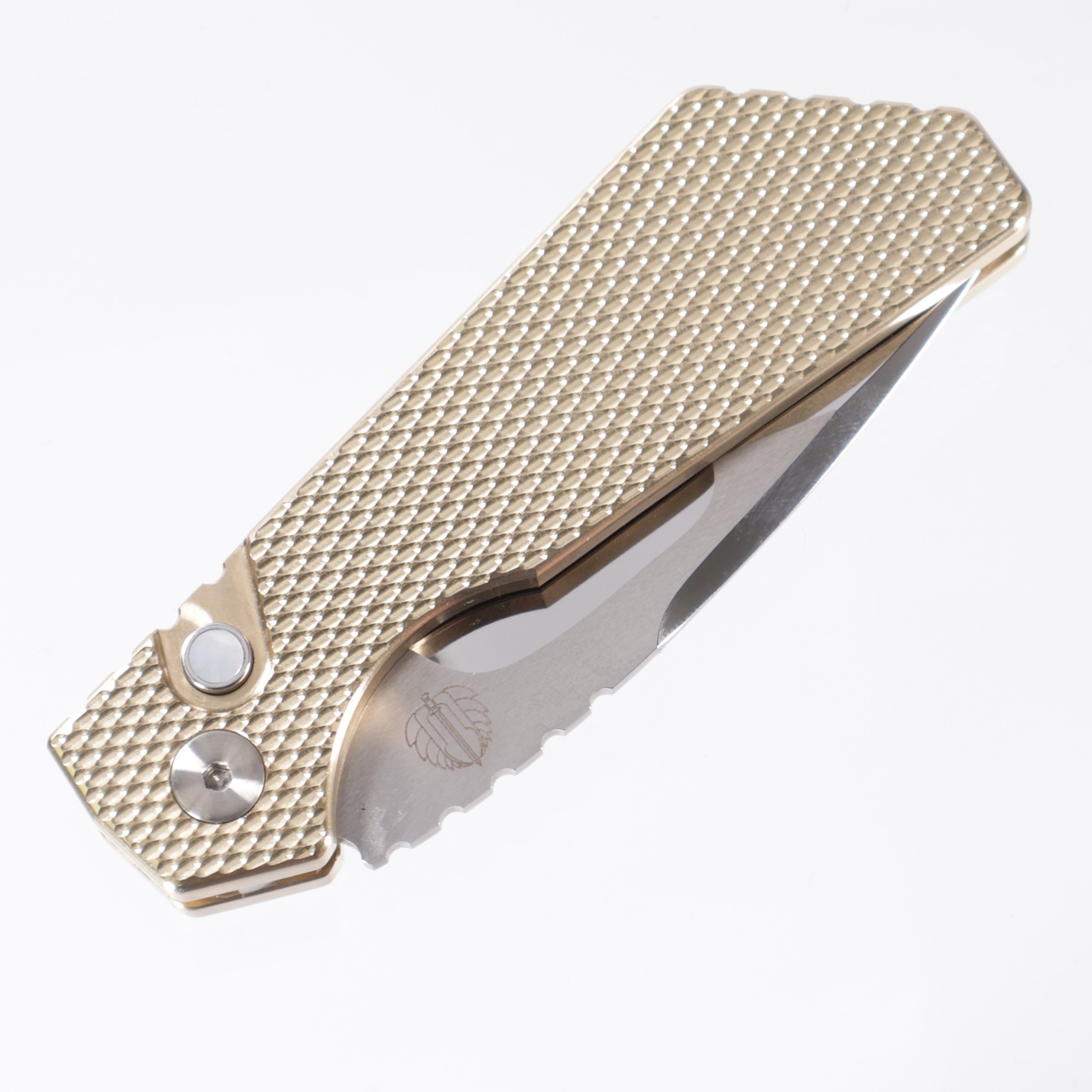 Pro-Tech Strider Custom PT+ AUTO Folding Knife 3.05" CPM-MagnaCut Mike Irie Mirror Compound Blade, Textured AlBronze Aluminum Handles, Mother of Pearl Button - 2024 PT+ Custom 005