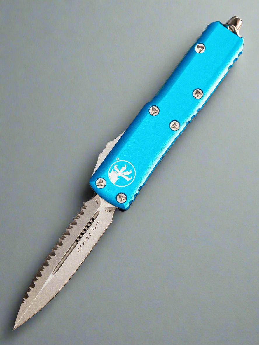 Microtech UTX-85 D/E OTF Automatic Knife Turquoise (3.1" Stonewash Full Serr)