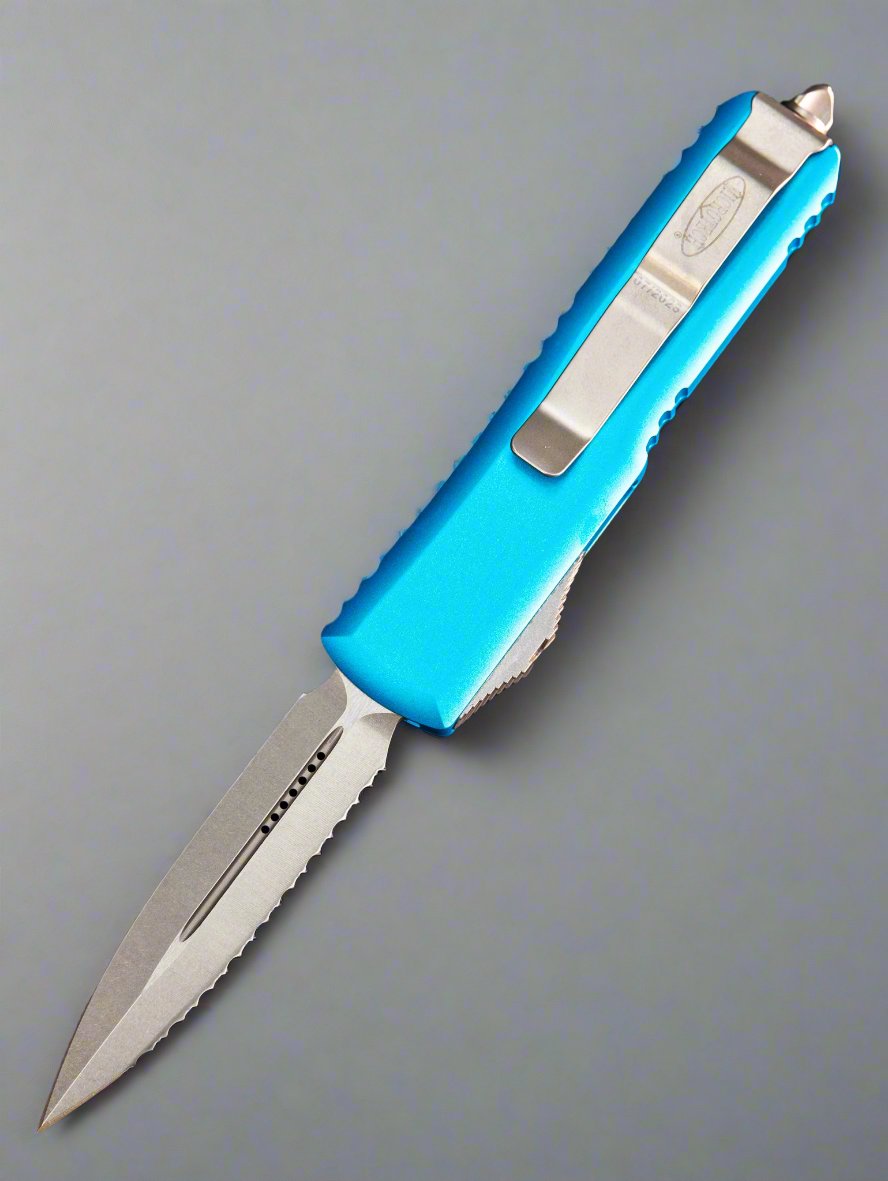 Microtech UTX-85 D/E OTF Automatic Knife Turquoise (3.1" Stonewash Full Serr)