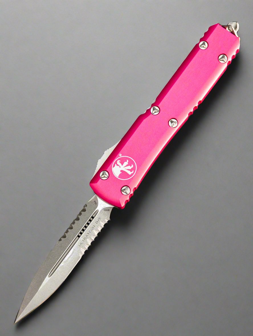 Microtech Ultratech D/E OTF Automatic Knife Pink (3.4" Stonewash Serr) 122-11PK