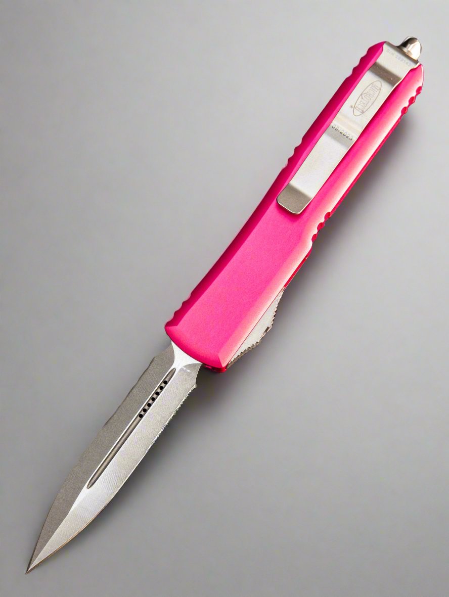 Microtech Ultratech D/E OTF Automatic Knife Pink (3.4" Stonewash Serr) 122-11PK