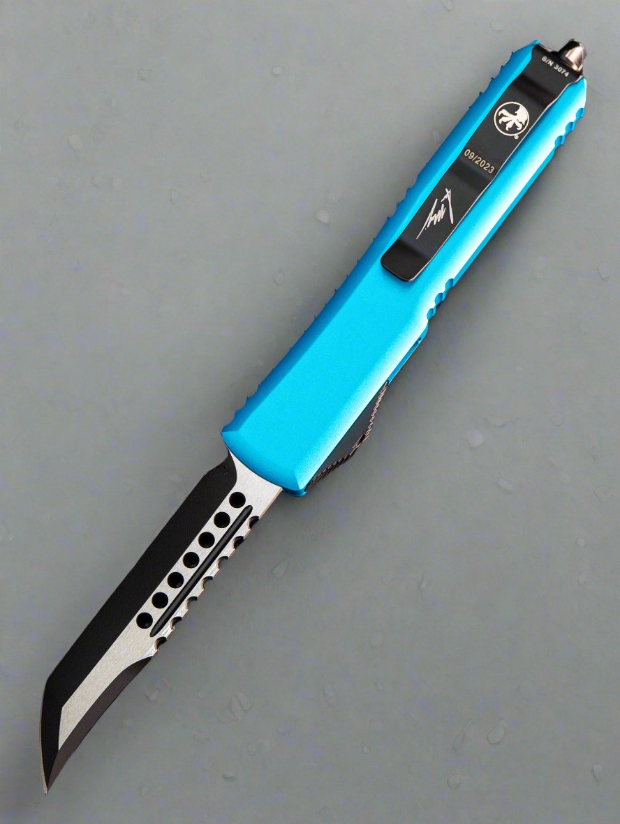 Microtech Ultratech Hellhound T/E Turquoise Black Standard Signature Series 119-1TQS