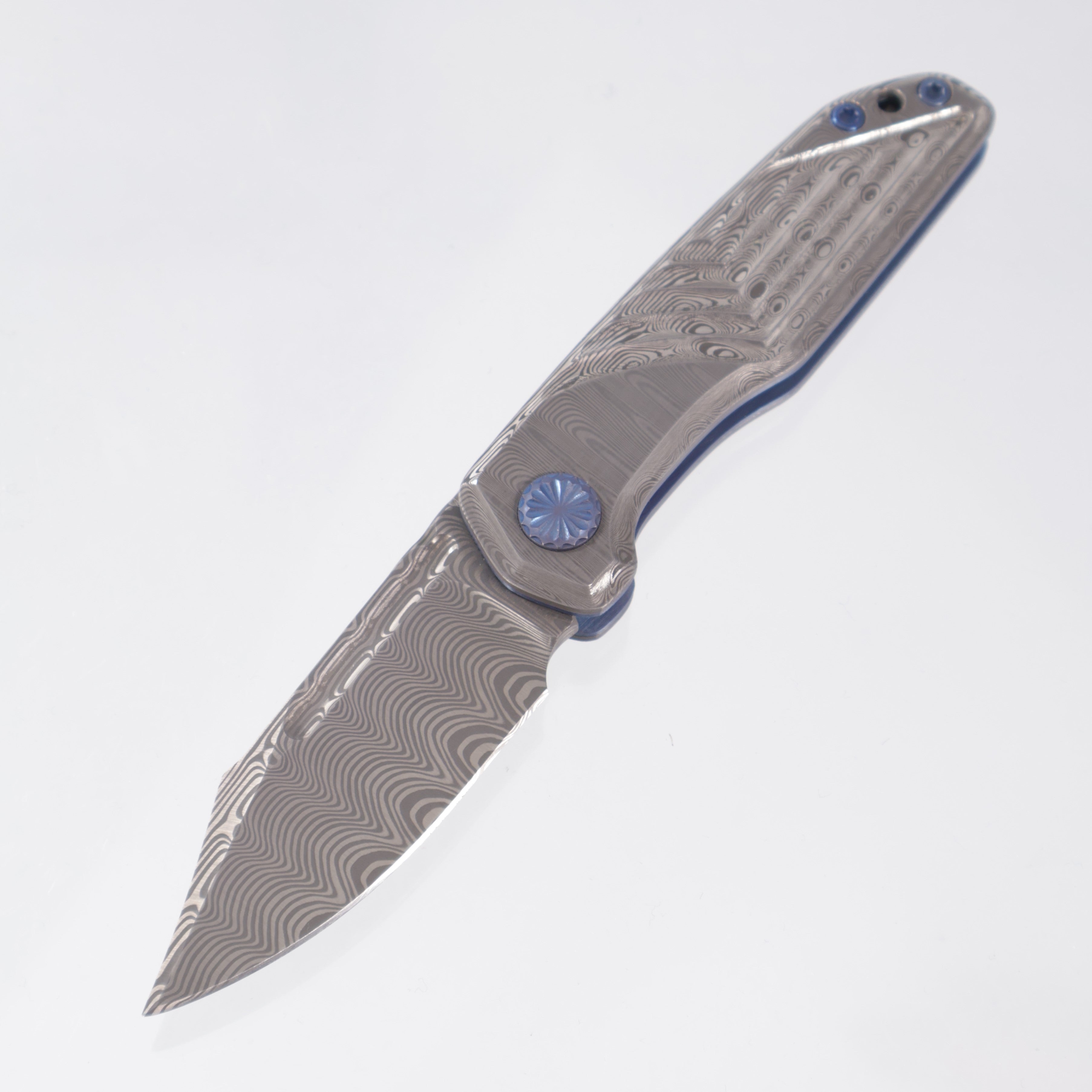 JB Stout Slick Leg Double Detent - Damasteel Scales w/ Blue Titanium Liners & Hardware - Damasteel Blade