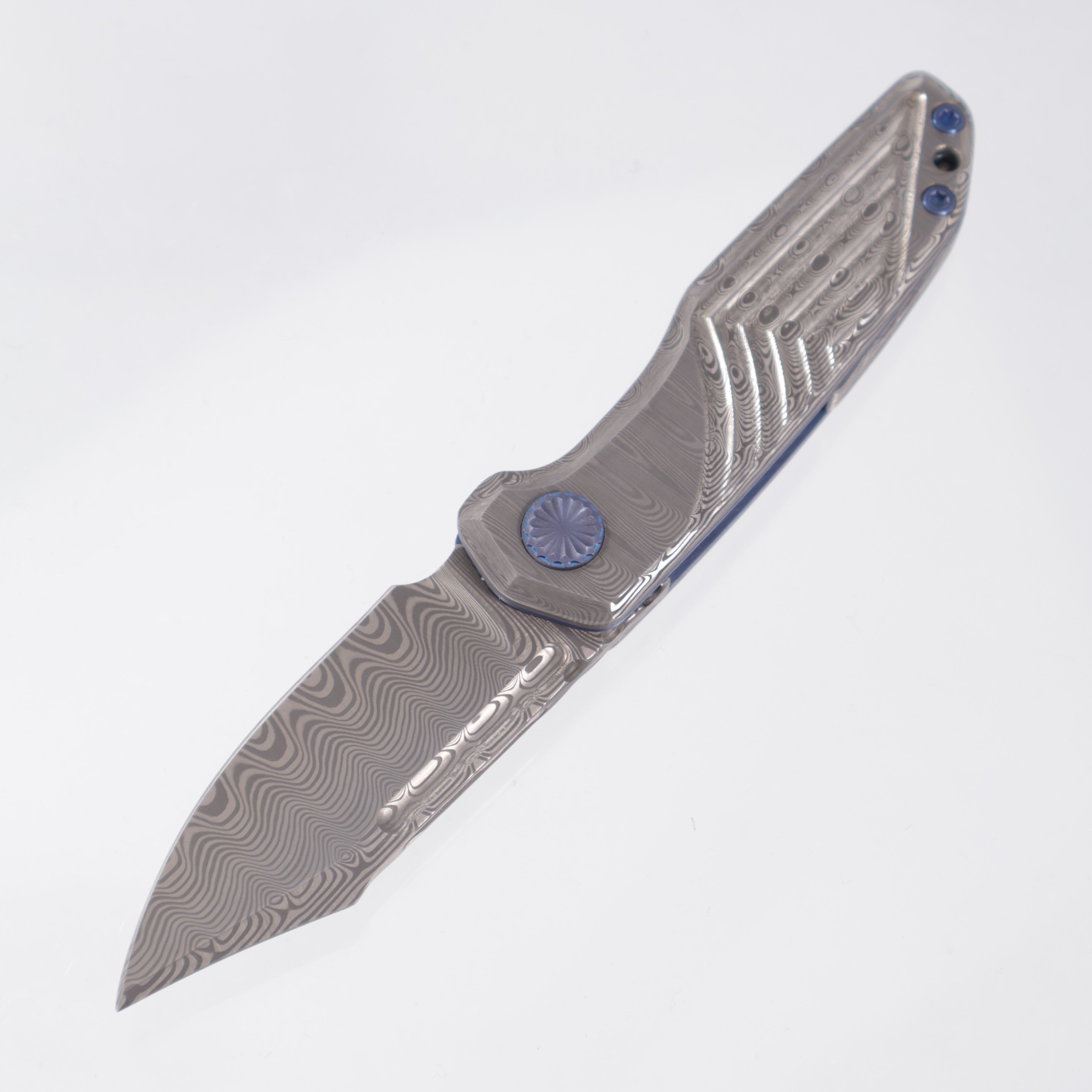 JB Stout Slick Leg Double Detent - Damasteel Scales w/ Blue Titanium Liners & Hardware - Damasteel Blade