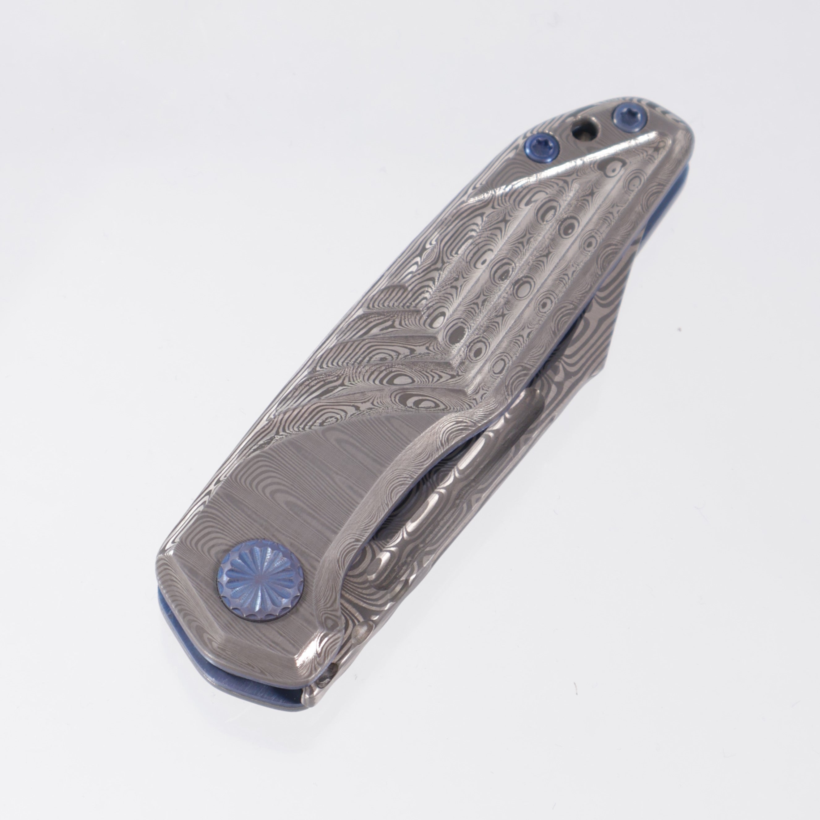 JB Stout Slick Leg Double Detent - Damasteel Scales w/ Blue Titanium Liners & Hardware - Damasteel Blade
