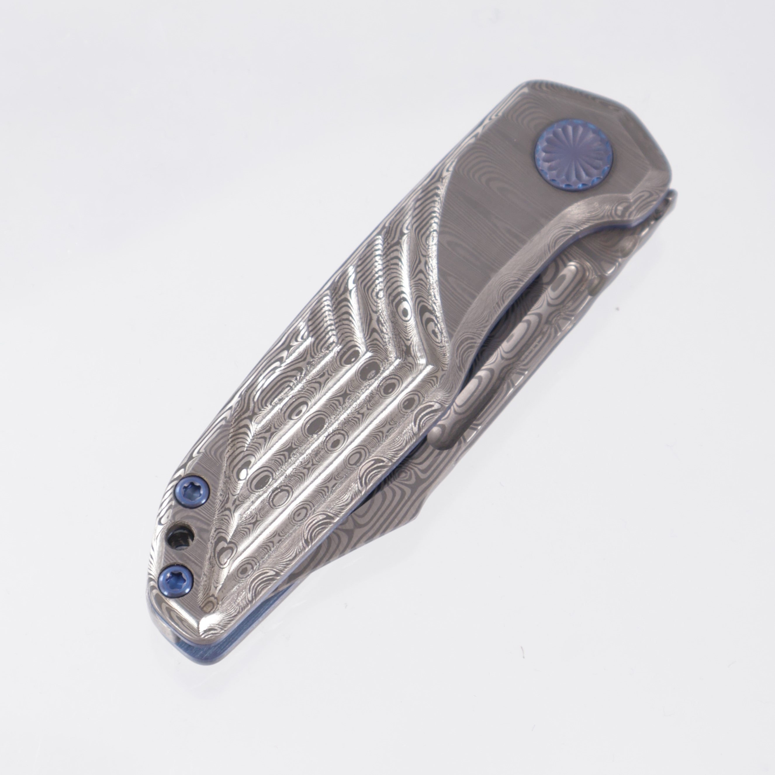 JB Stout Slick Leg Double Detent - Damasteel Scales w/ Blue Titanium Liners & Hardware - Damasteel Blade