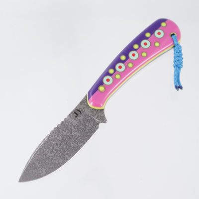 JD Custom Cheeker Compact - Mangiafico Collaboration - Purple/Pink G10 w/ Multi-Color G10 & Brass Pins - Acid Etch Magnacut