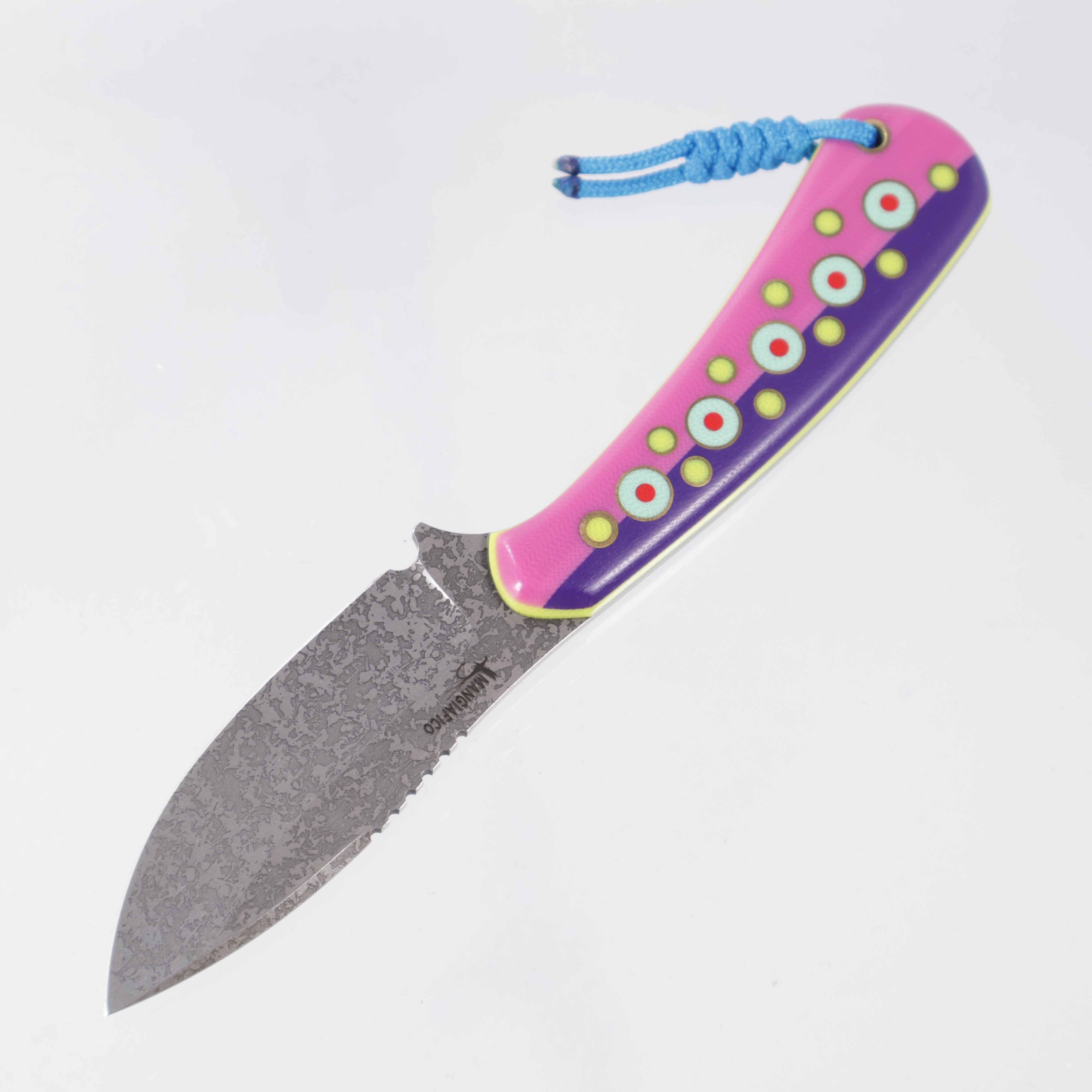 JD Custom Cheeker Compact - Mangiafico Collaboration - Purple/Pink G10 w/ Multi-Color G10 & Brass Pins - Acid Etch Magnacut