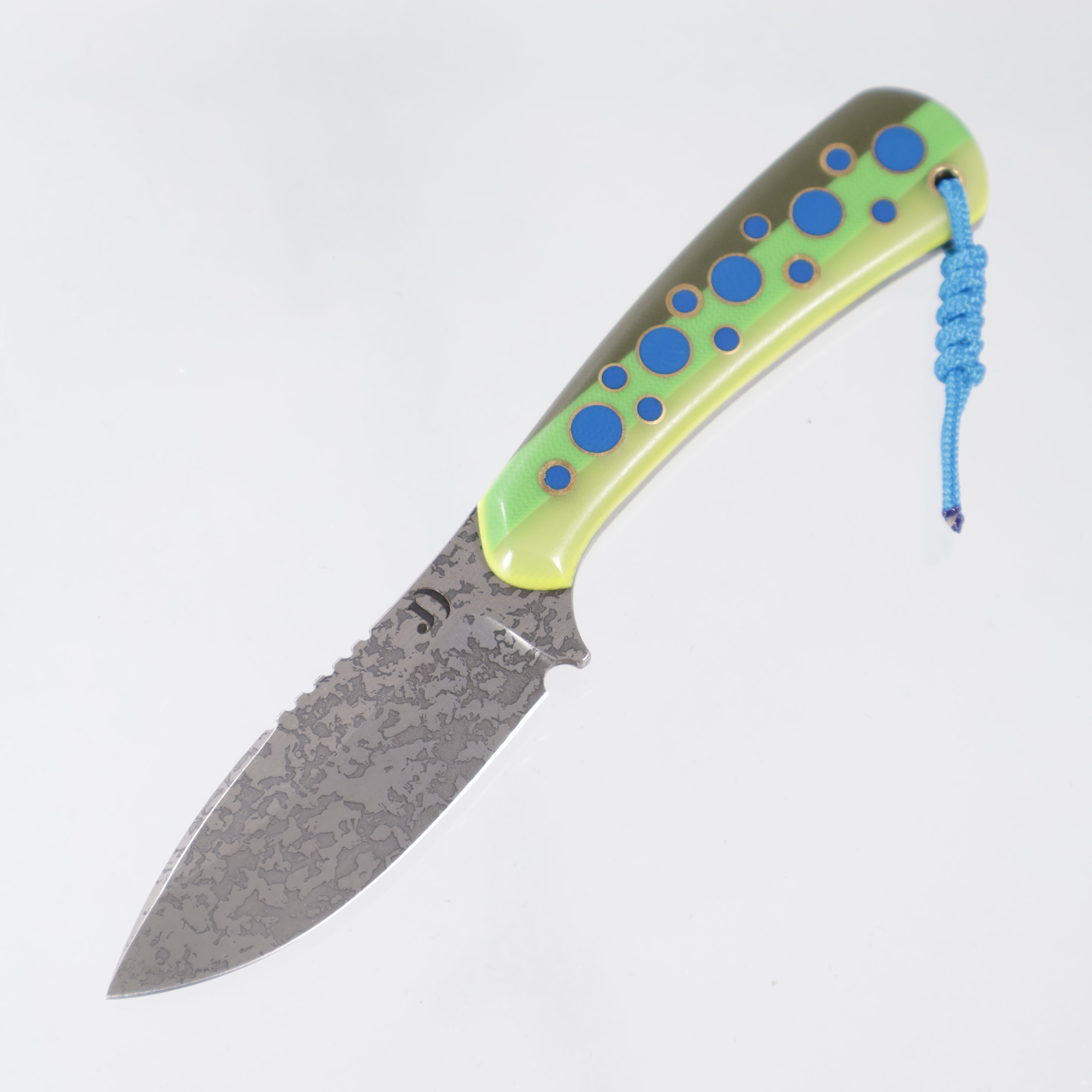 JD Custom Cheeker Compact - Mangiafico Collaboration - OD Green/Lime Green/Yellow G10 w/ Blue G10 & Brass Pins - Acid Etch Magnacut