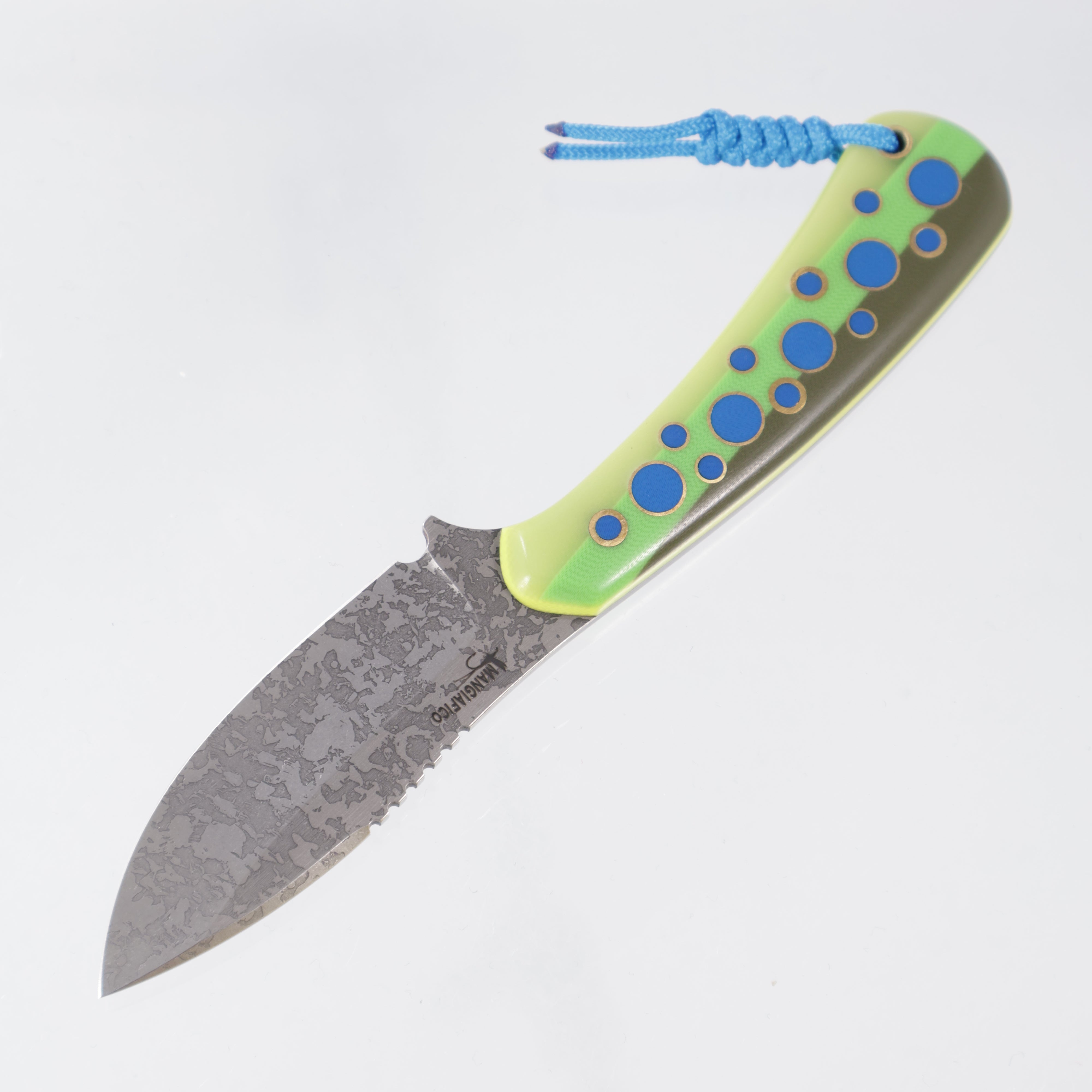 JD Custom Cheeker Compact - Mangiafico Collaboration - OD Green/Lime Green/Yellow G10 w/ Blue G10 & Brass Pins - Acid Etch Magnacut