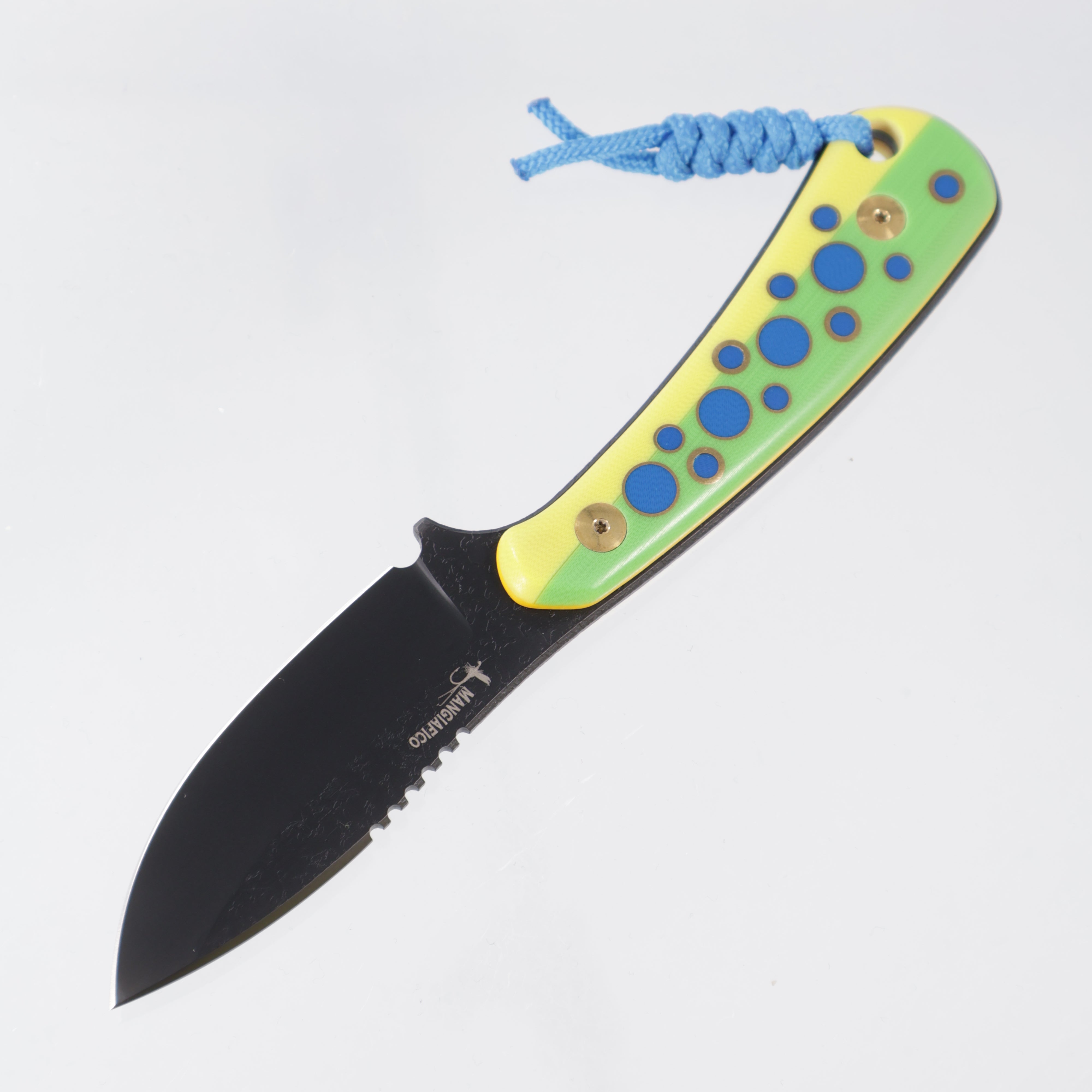 JD Custom Cheeker Compact - Mangiafico Collaboration - Lime Green/Yellow G10 w/ Blue G10 & Brass Pins - Black S45VN