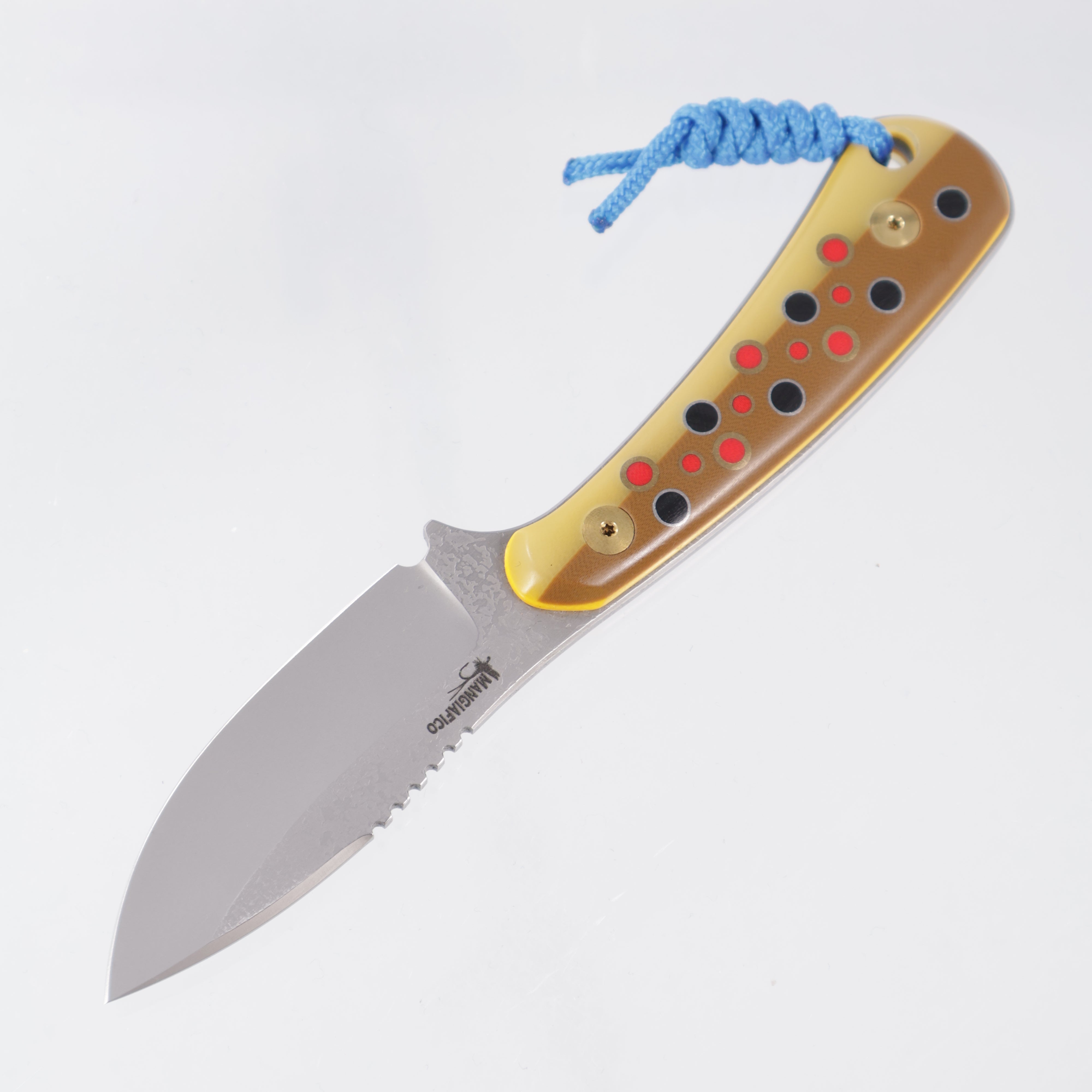 JD Custom Cheeker Compact - Mangiafico Collaboration - Brown/Tan G10 w/ Multi-Color G10 & Brass Pins - Beadblast Magnacut