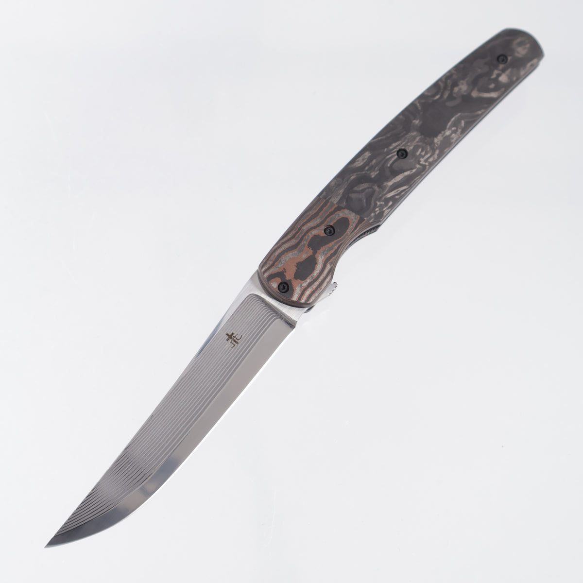 Jason Clark Model 87 - Marbled Carbon Fiber Scales w/ Copper Fat Carbon Bolsters - Polished Takefu Shiro-2