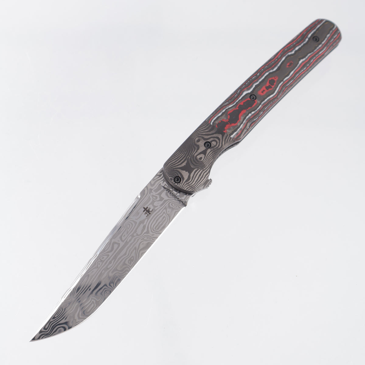 Jason Clark Model 91 - Santa Clara Camo Carbon Scales w/ Black Dunes Fat Carbon Bolsters - Polished Damasteel