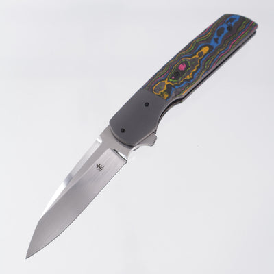Jason Clark Model 76 Wharncliffe - Zirconium Bolsters w/ 80s Camo Carbon Scales - Hand Rubbed Satin CPM-154 - BROP Exclusive