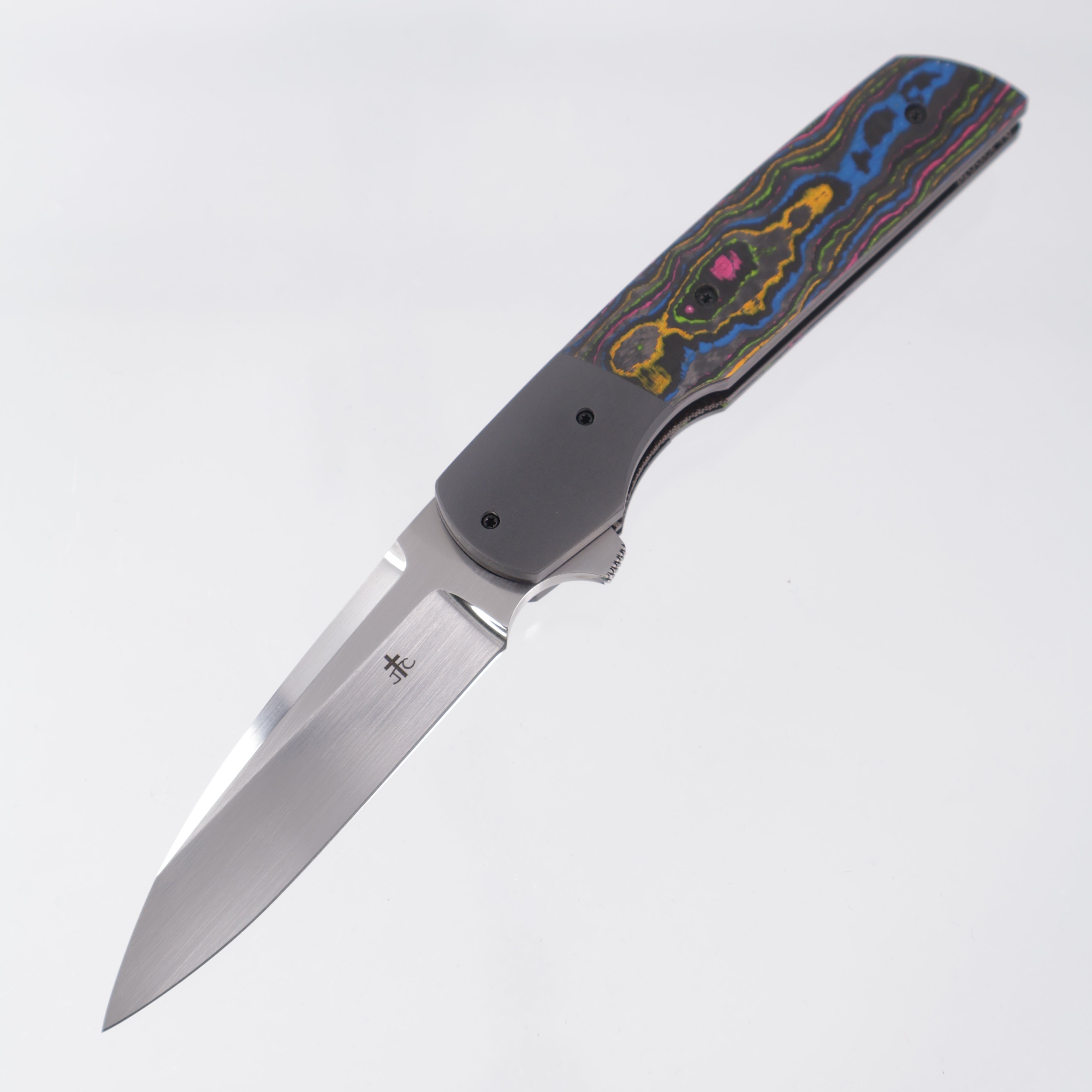 Jason Clark Model 76 Wharncliffe - Zirconium Bolsters w/ 80s Camo Carbon Scales - Hand Rubbed Satin CPM-154 - BROP Exclusive