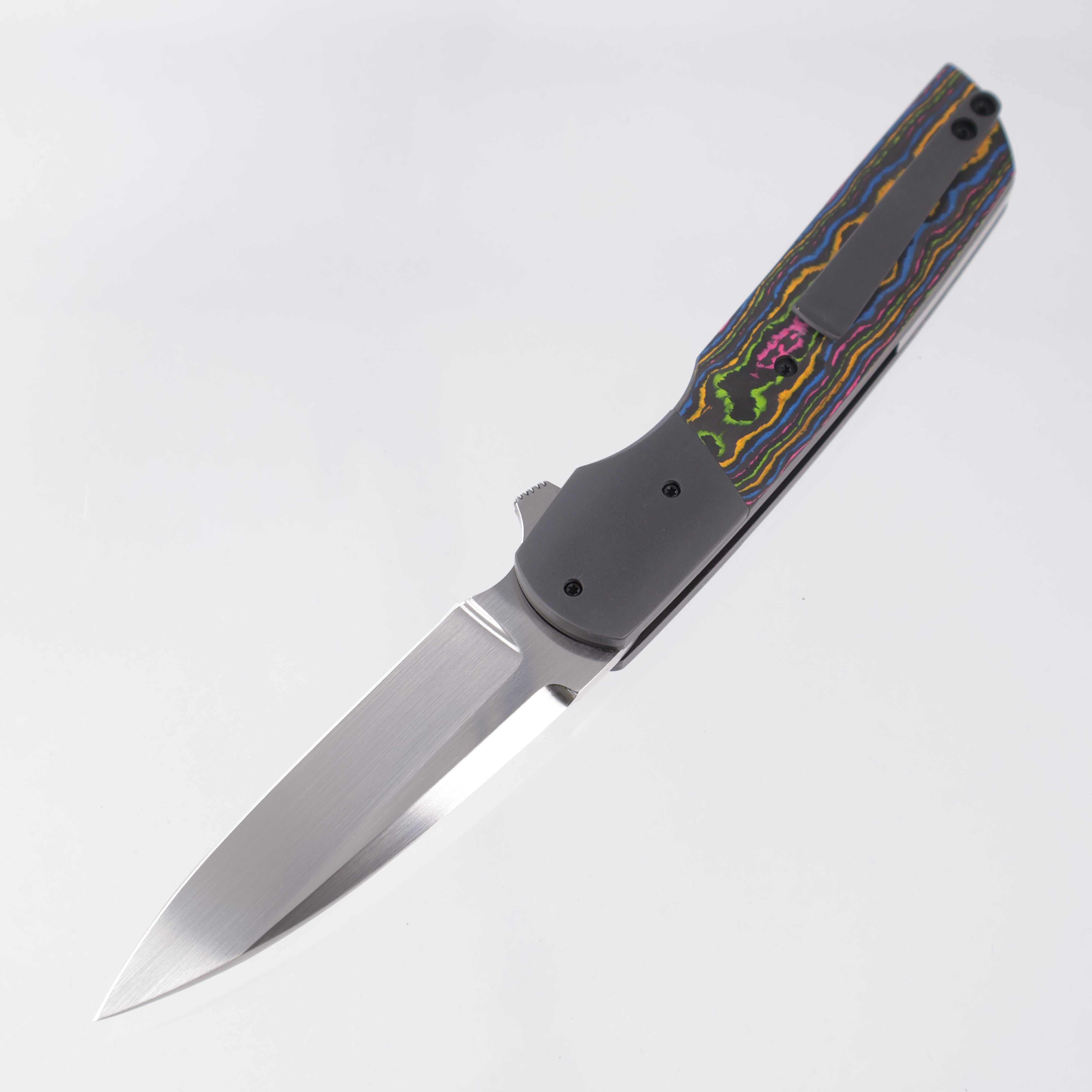 Jason Clark Model 76 Wharncliffe - Zirconium Bolsters w/ 80s Camo Carbon Scales - Hand Rubbed Satin CPM-154 - BROP Exclusive