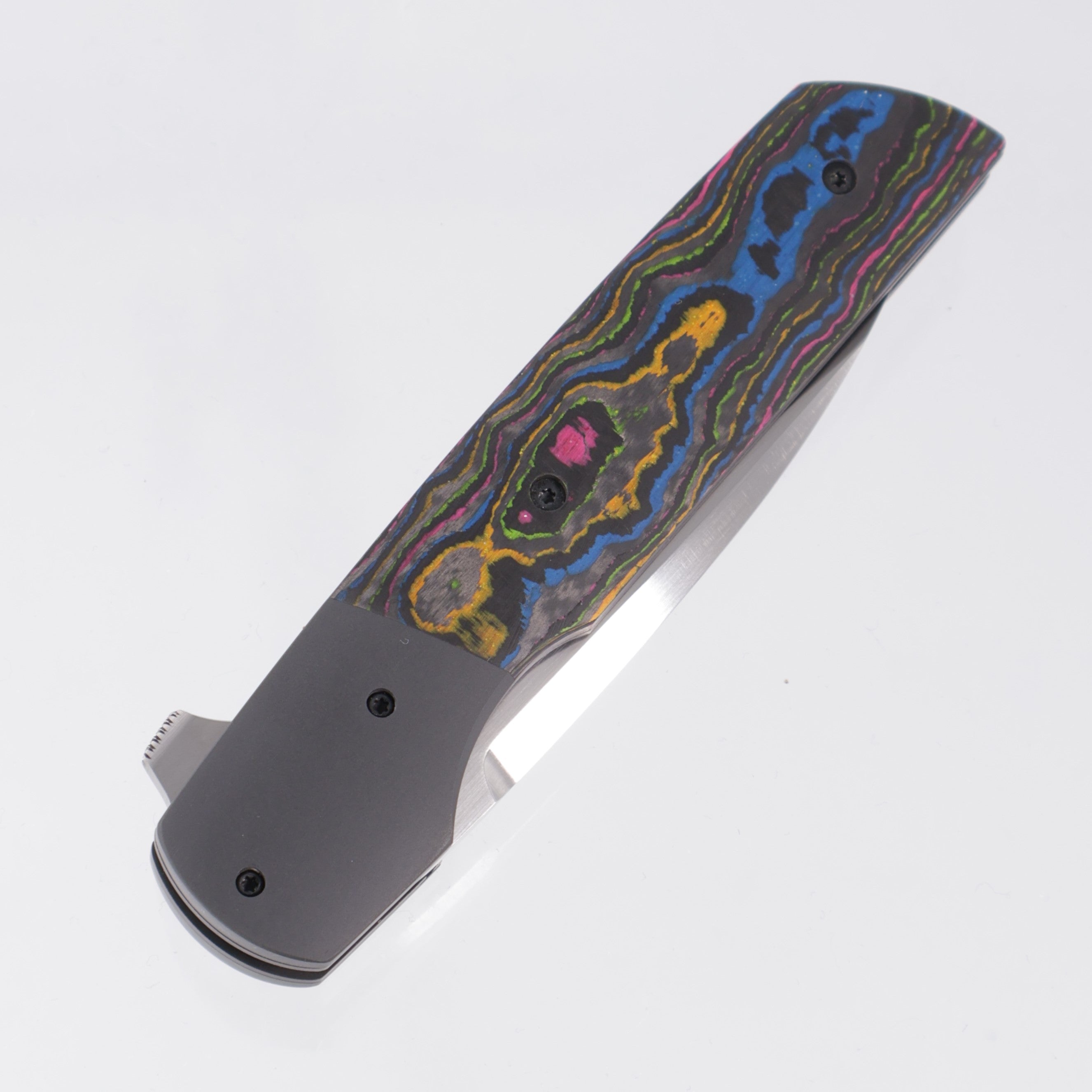 Jason Clark Model 76 Wharncliffe - Zirconium Bolsters w/ 80s Camo Carbon Scales - Hand Rubbed Satin CPM-154 - BROP Exclusive