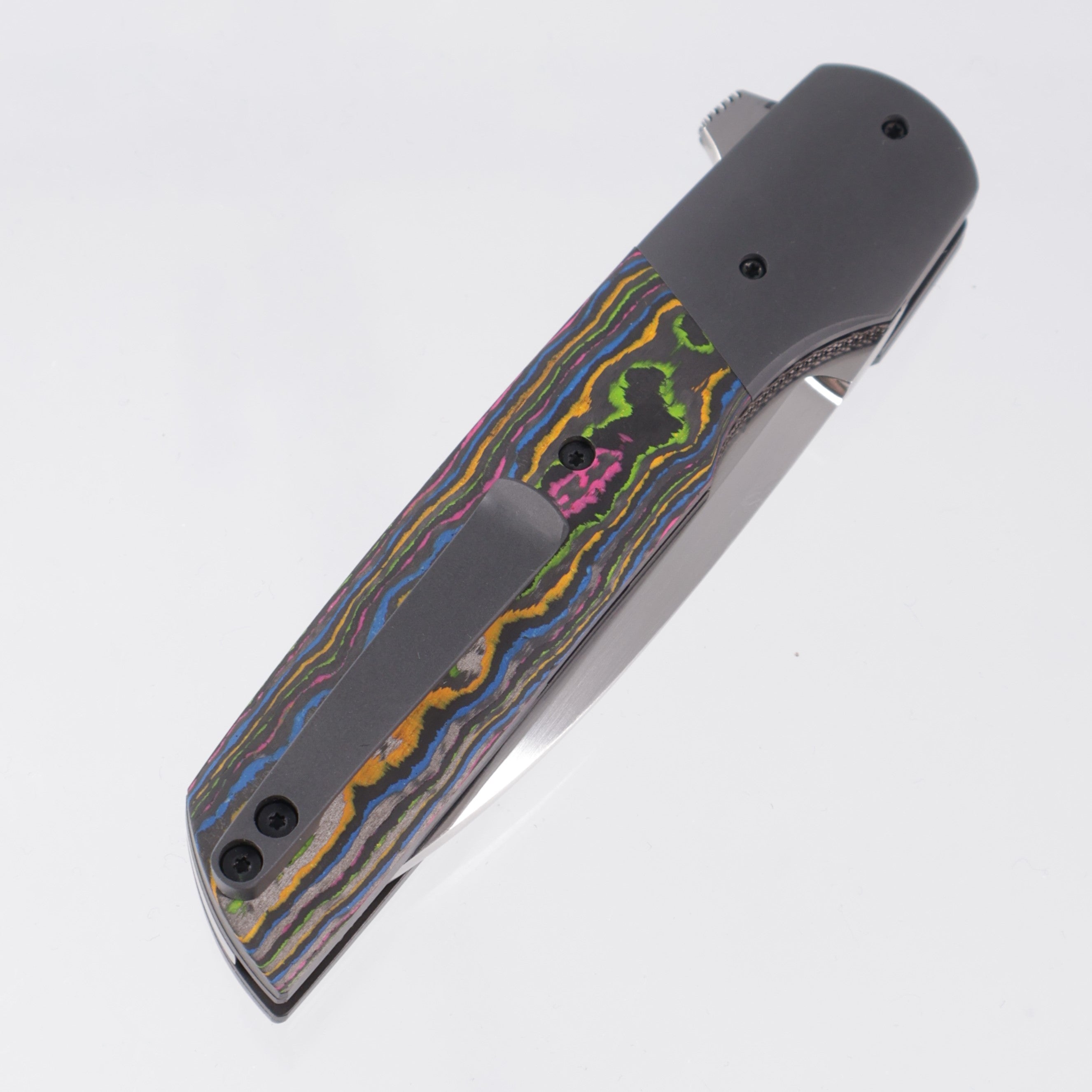 Jason Clark Model 76 Wharncliffe - Zirconium Bolsters w/ 80s Camo Carbon Scales - Hand Rubbed Satin CPM-154 - BROP Exclusive