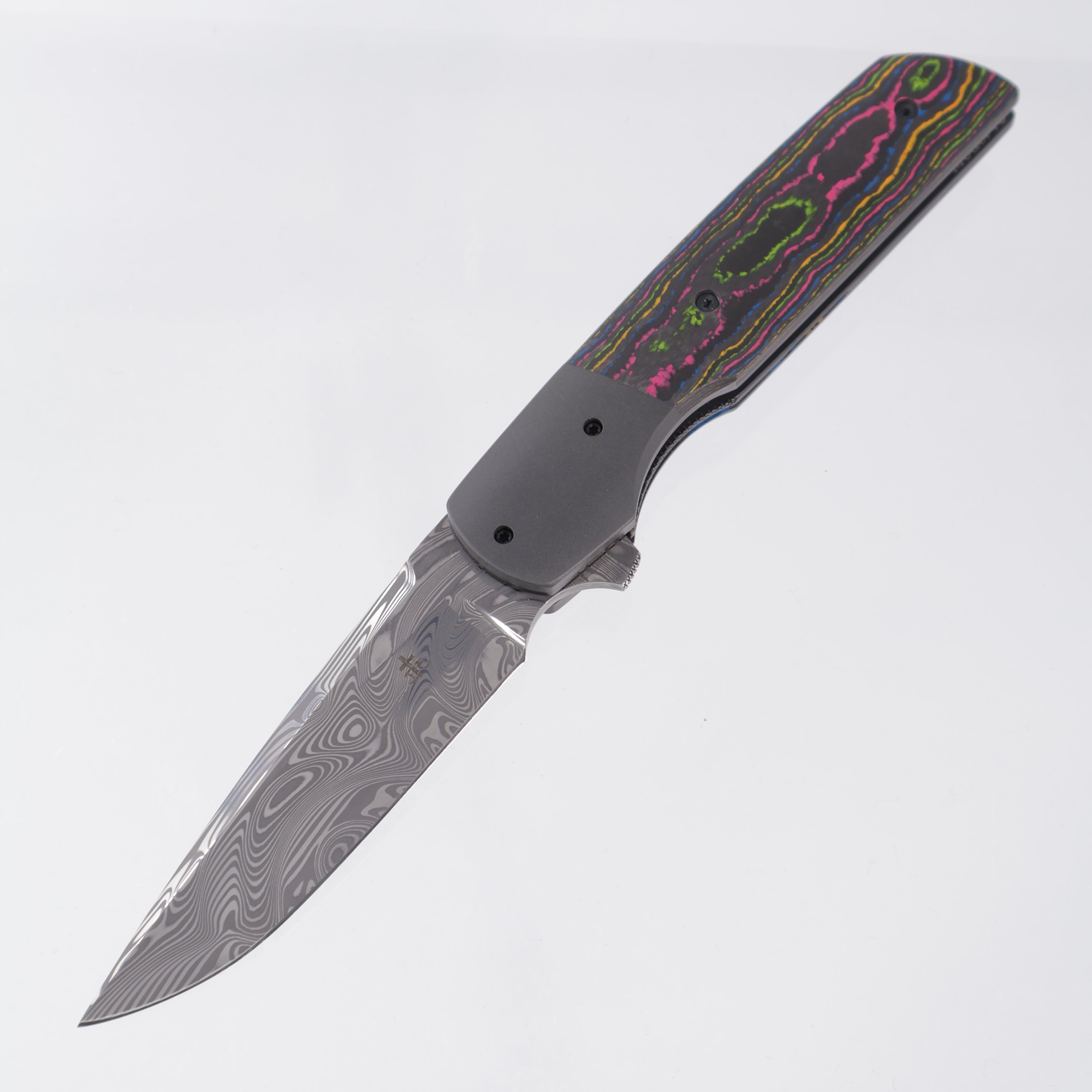 Jason Clark Model 76 Drop Point - Zirconium Bolsters w/ 80s Camo Carbon Scales - Polished Damasteel - BROP Exclusive