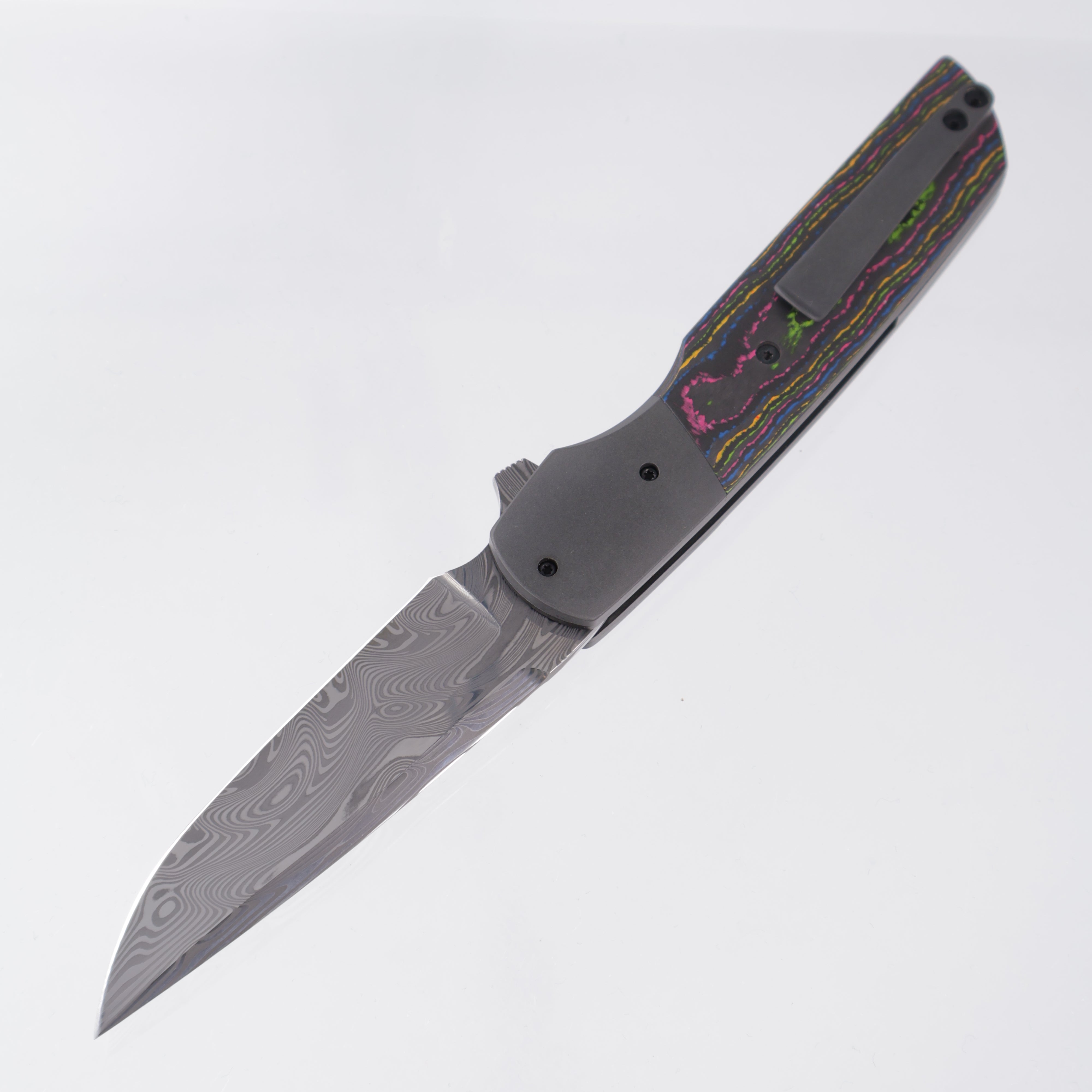 Jason Clark Model 76 Drop Point - Zirconium Bolsters w/ 80s Camo Carbon Scales - Polished Damasteel - BROP Exclusive