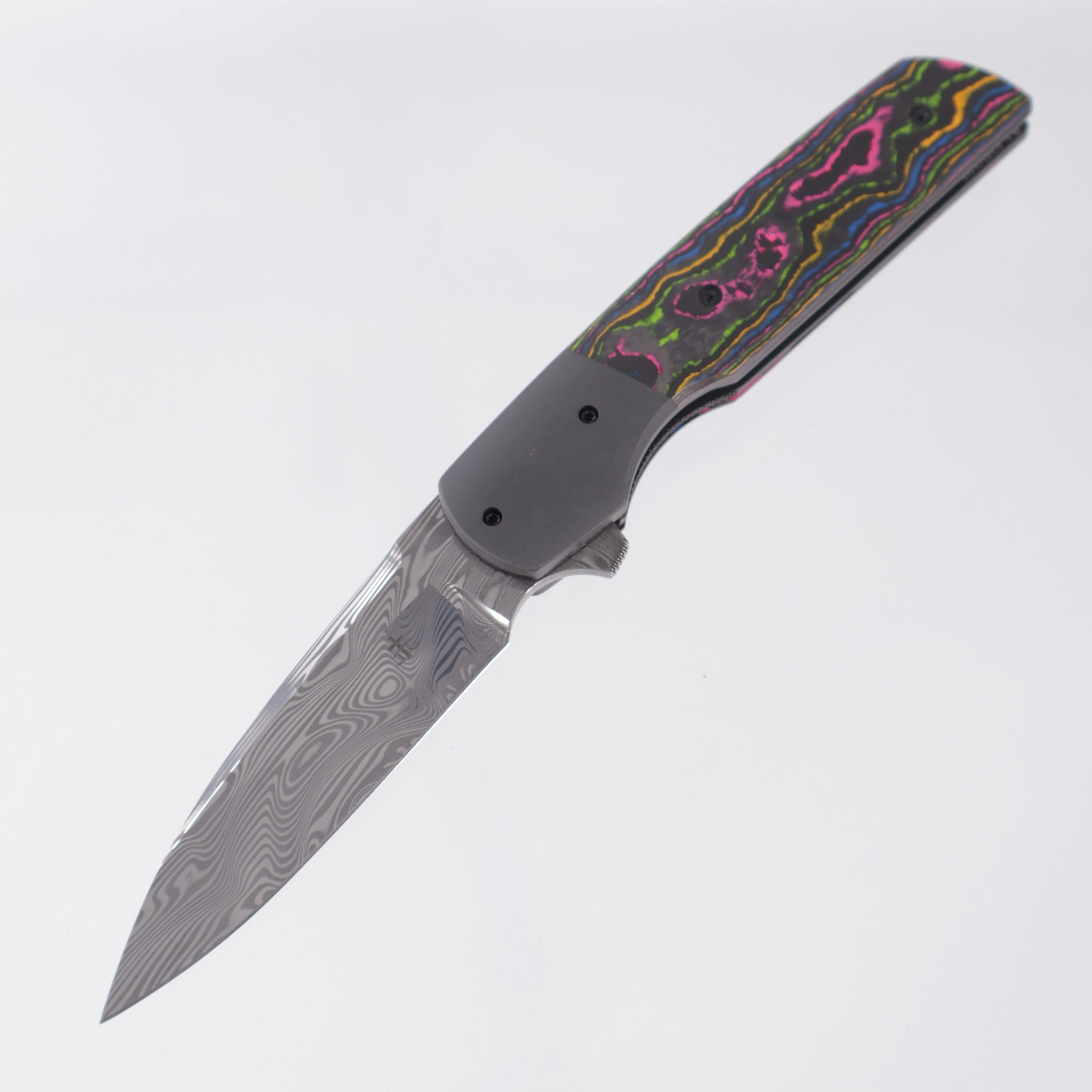 Jason Clark Model 76 Wharncliffe - Zirconium Bolsters w/ 80s Camo Carbon Scales - Polished Damasteel - BROP Exclusive