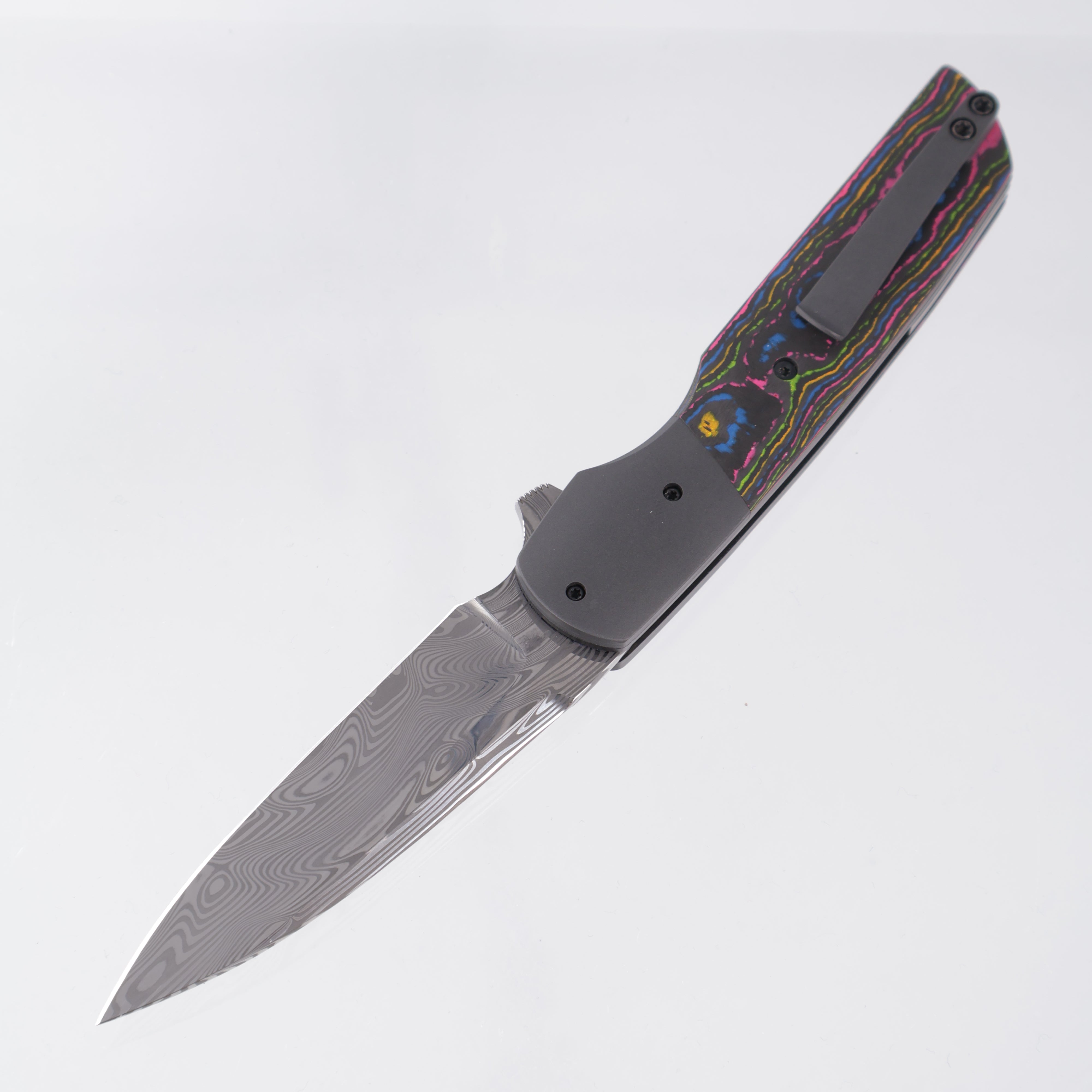 Jason Clark Model 76 Wharncliffe - Zirconium Bolsters w/ 80s Camo Carbon Scales - Polished Damasteel - BROP Exclusive