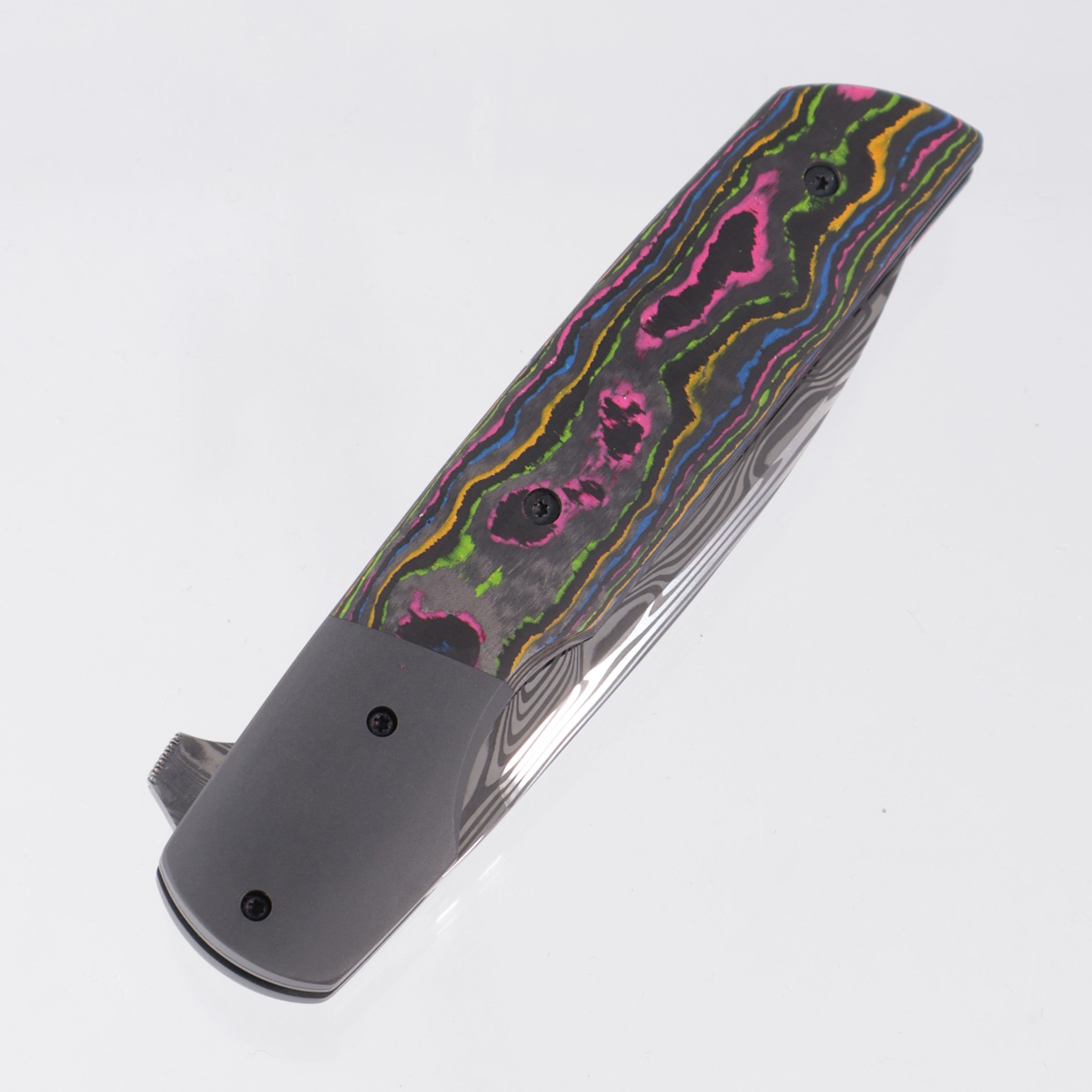 Jason Clark Model 76 Wharncliffe - Zirconium Bolsters w/ 80s Camo Carbon Scales - Polished Damasteel - BROP Exclusive