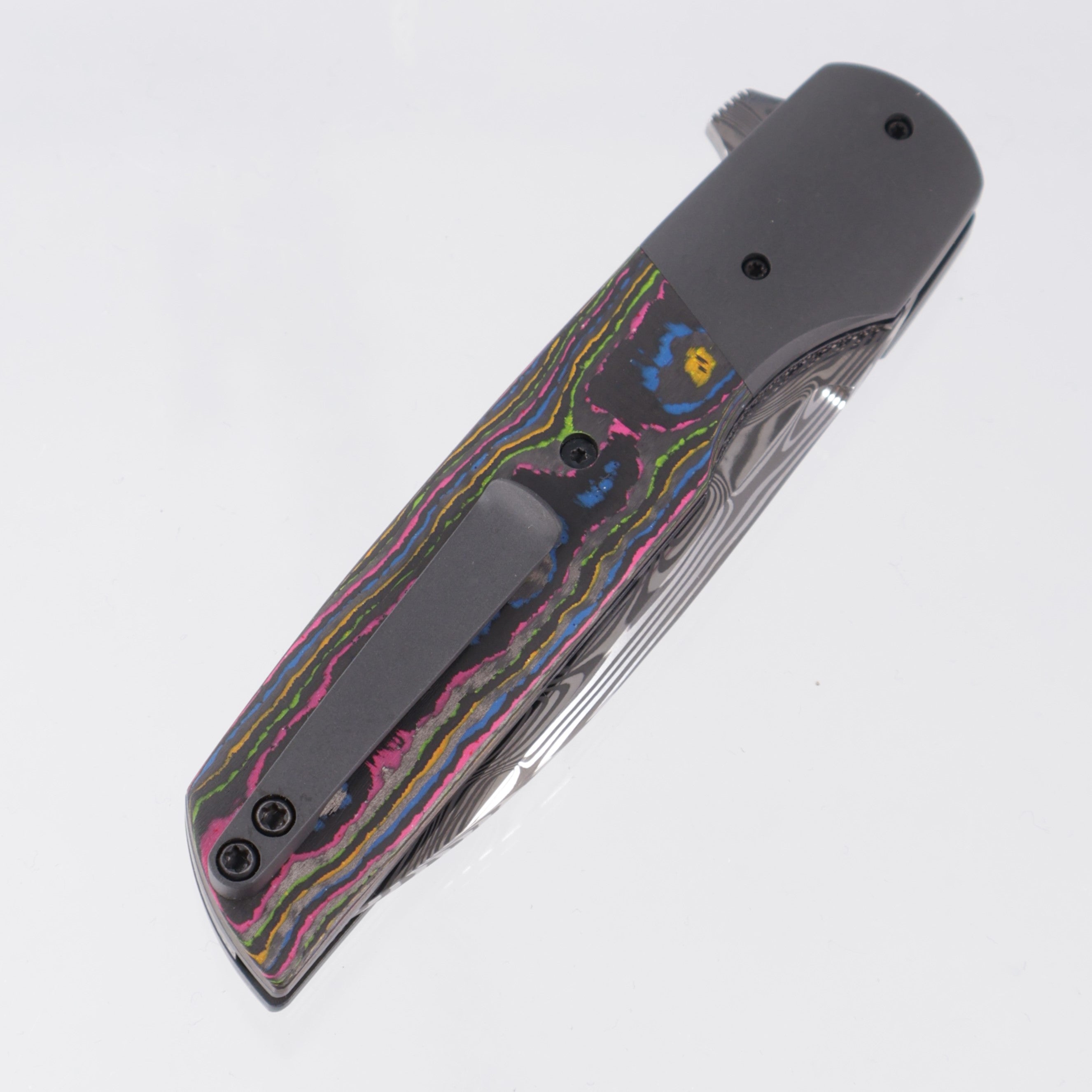 Jason Clark Model 76 Wharncliffe - Zirconium Bolsters w/ 80s Camo Carbon Scales - Polished Damasteel - BROP Exclusive