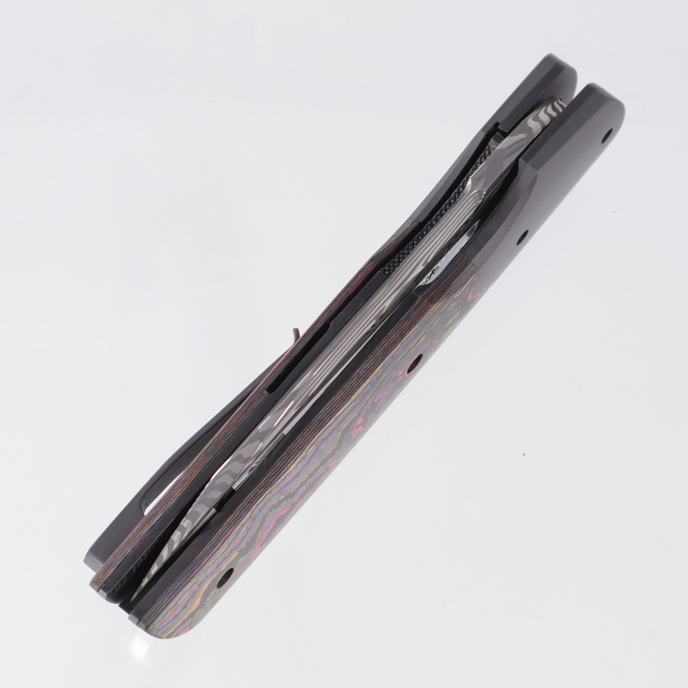 Jason Clark Model 76 Wharncliffe - Zirconium Bolsters w/ 80s Camo Carbon Scales - Polished Damasteel - BROP Exclusive