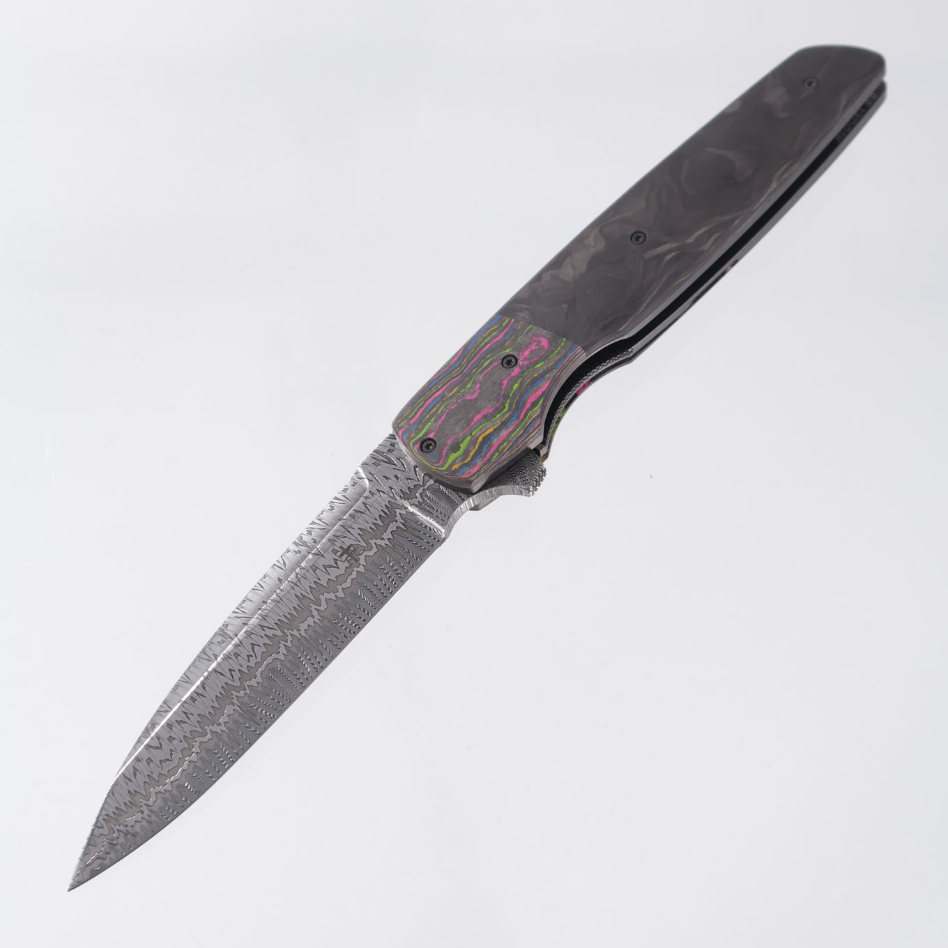 Jason Clark Model 86 Wharncliffe - 80s Camo Carbon Bolsters w/ Marbled Carbon Fiber Scales - Bulldog Damascus - BROP Exclusive