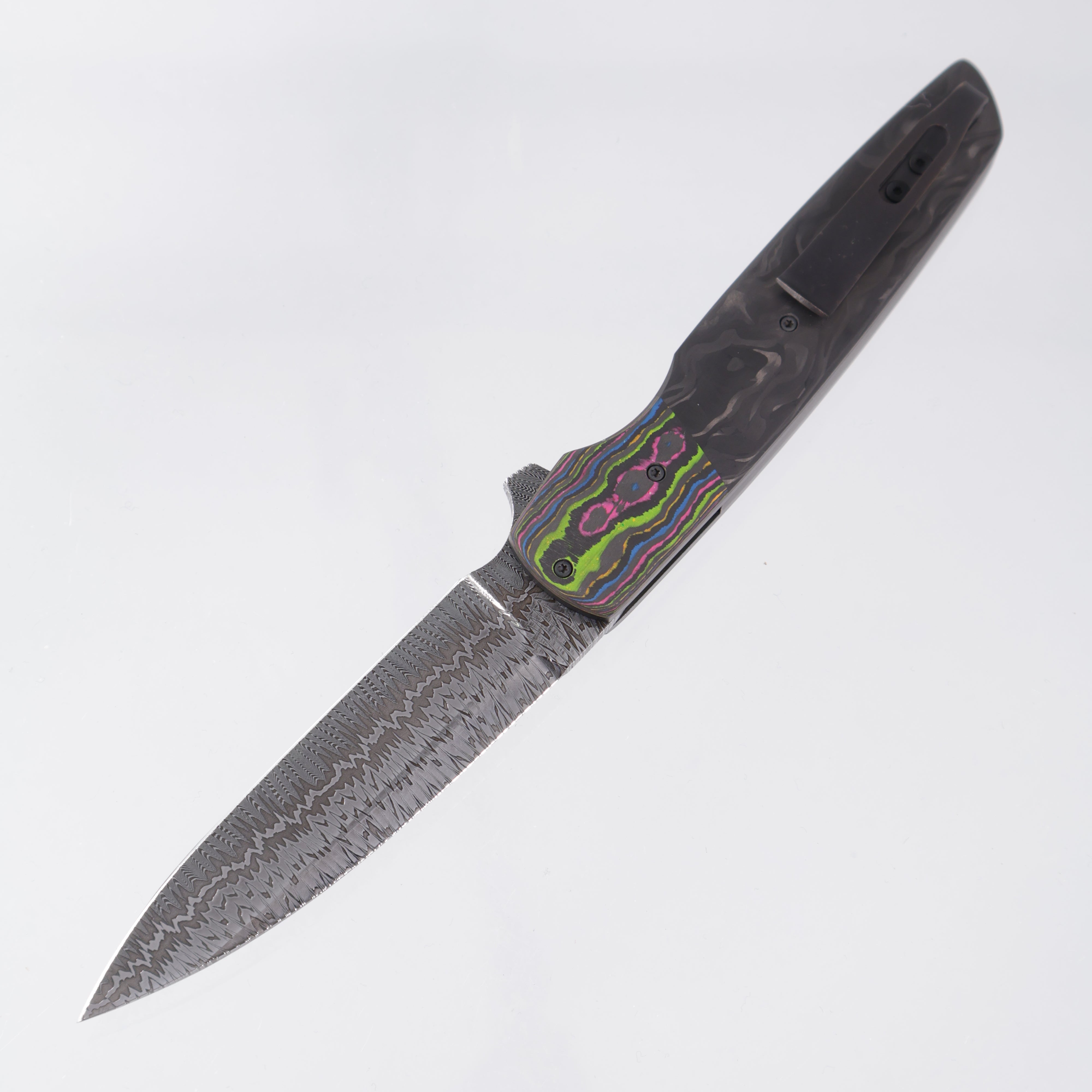 Jason Clark Model 86 Wharncliffe - 80s Camo Carbon Bolsters w/ Marbled Carbon Fiber Scales - Bulldog Damascus - BROP Exclusive