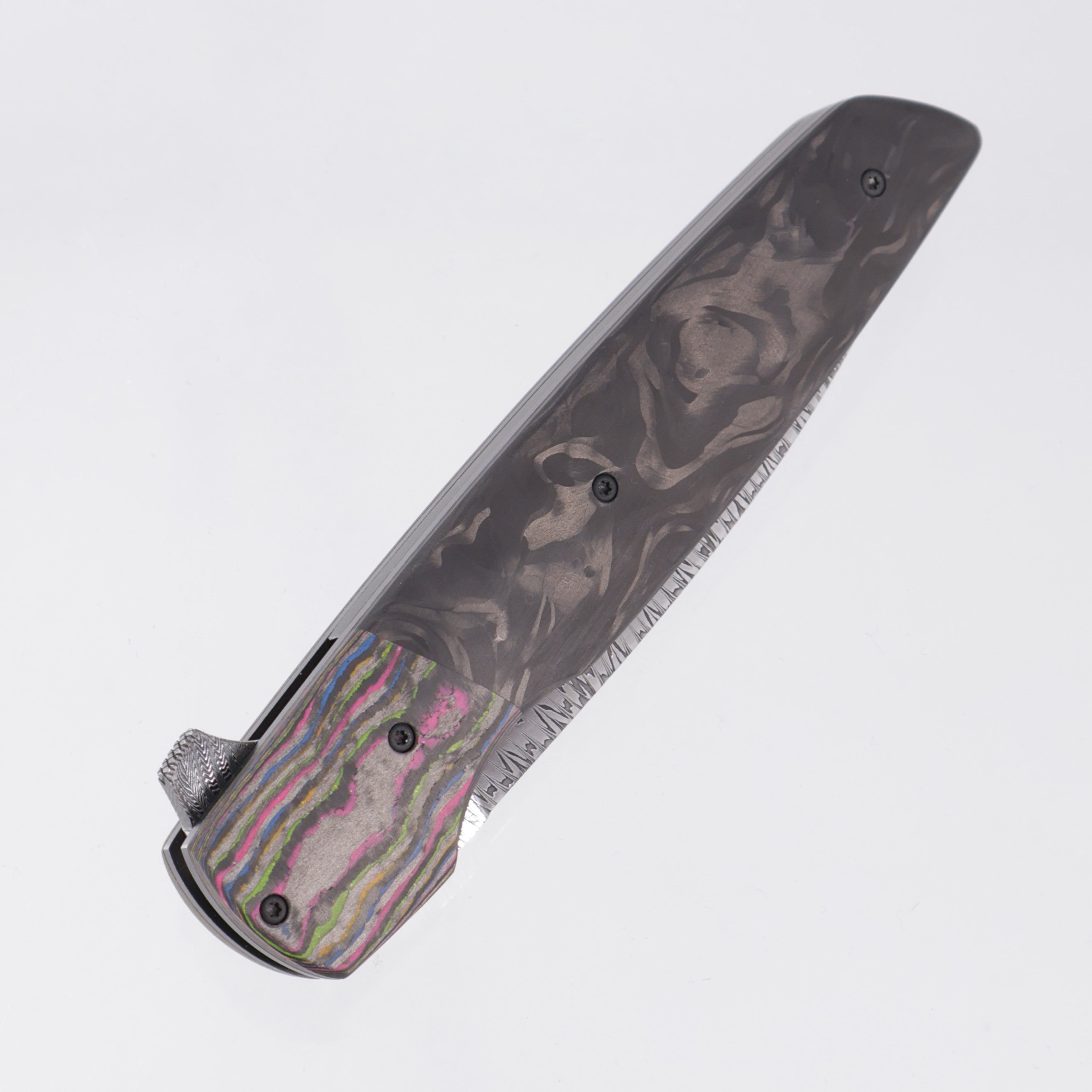 Jason Clark Model 86 Wharncliffe - 80s CamoCarbon Bolsters w/ Marbled Carbon Fiber Scales - Bulldog Damascus - BROP Exclusive