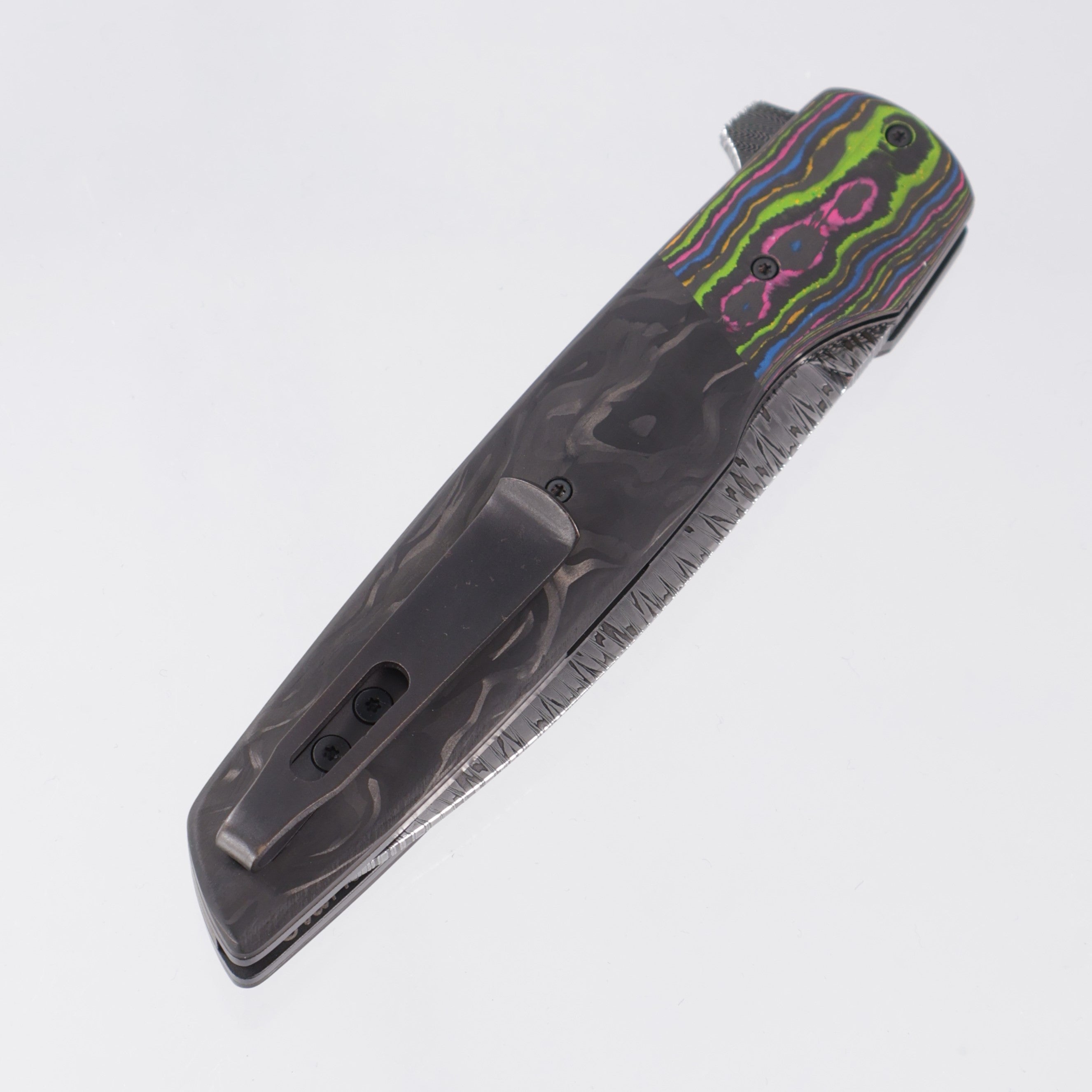 Jason Clark Model 86 Wharncliffe - 80s CamoCarbon Bolsters w/ Marbled Carbon Fiber Scales - Bulldog Damascus - BROP Exclusive