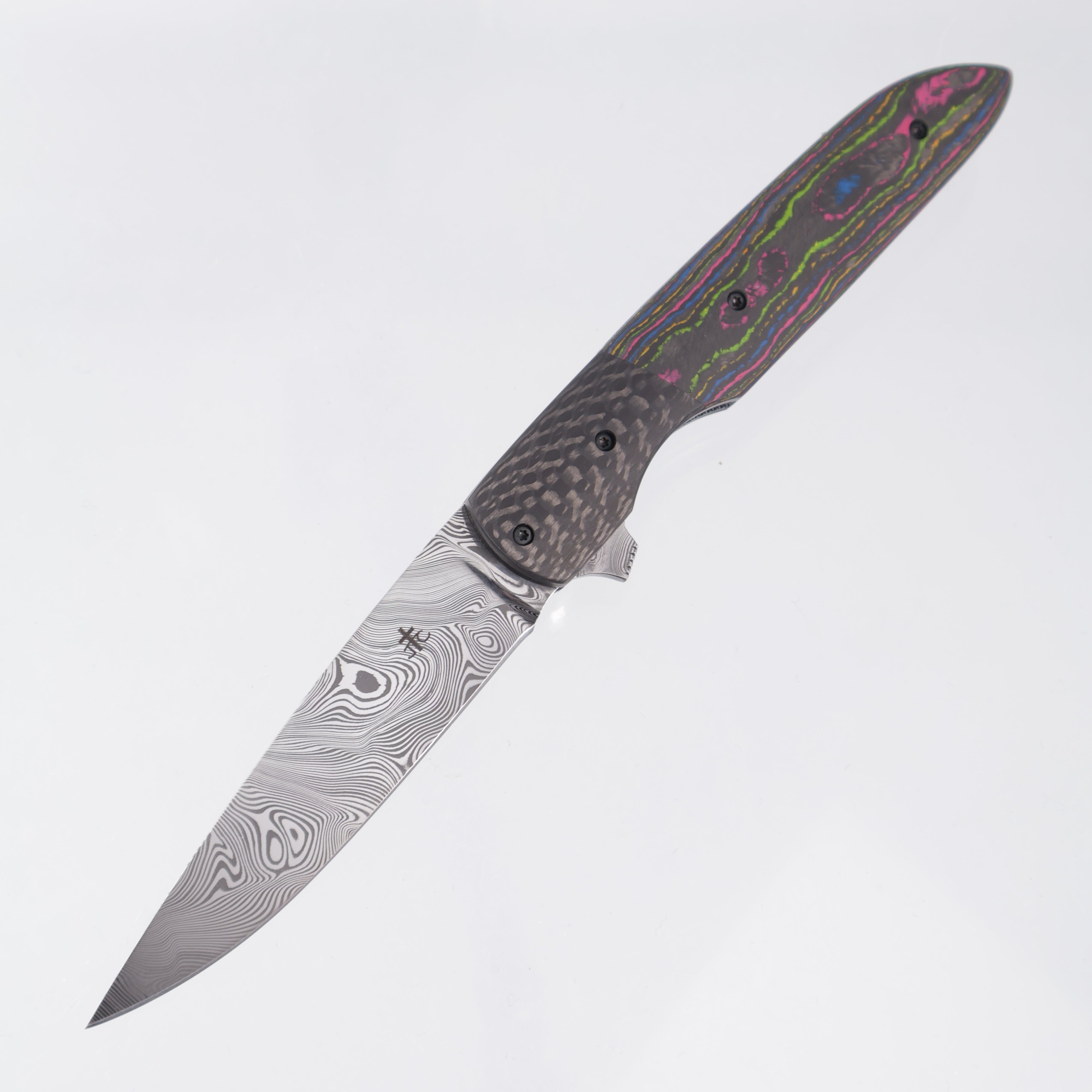 Jason Clark Model 79 Drop Point - Twill Carbon Fiber w/ 80s Camo Carbon Scales - Polished Damasteel - BROP Exclusive