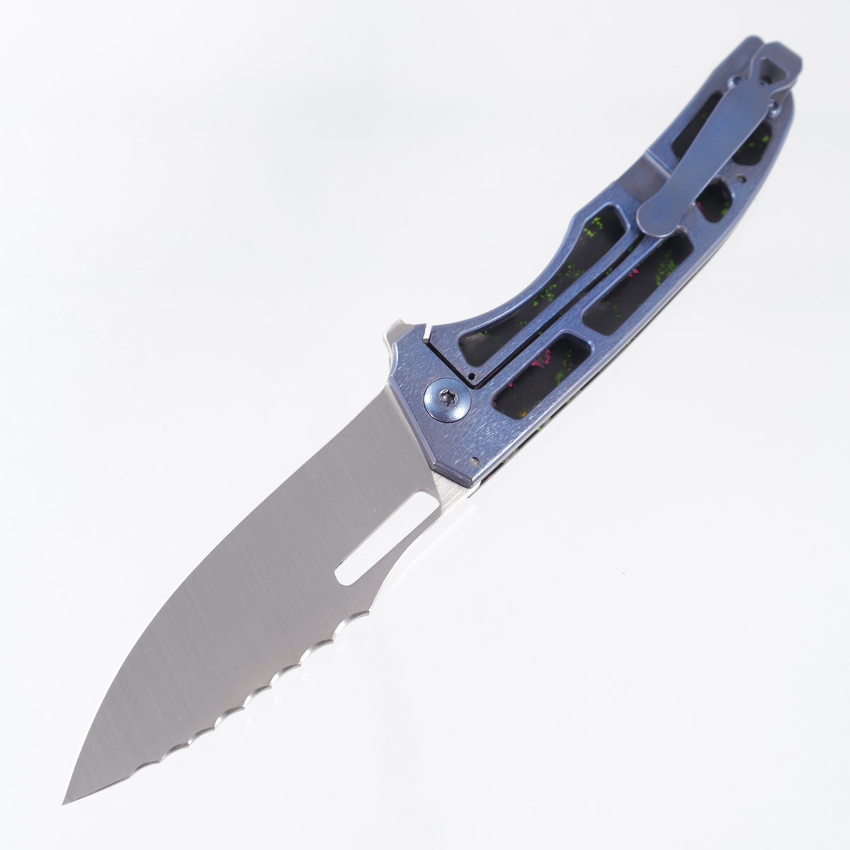 John Gray Slitter V2 Drop Point - 80s Camo Carbon Lace Texture - Blue Ano Barked Titanium w/ Blue Hardware - Satin Magnacut - BROP Exclusive