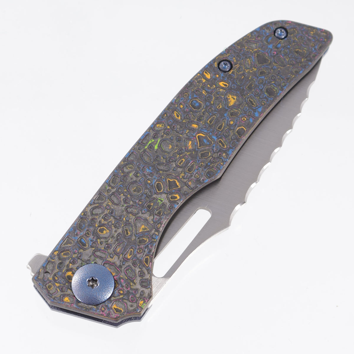 John Gray Slitter V2 Drop Point - 80s Camo Carbon Lace Texture - Blue Ano Barked Titanium w/ Blue Hardware - Satin Magnacut - BROP Exclusive