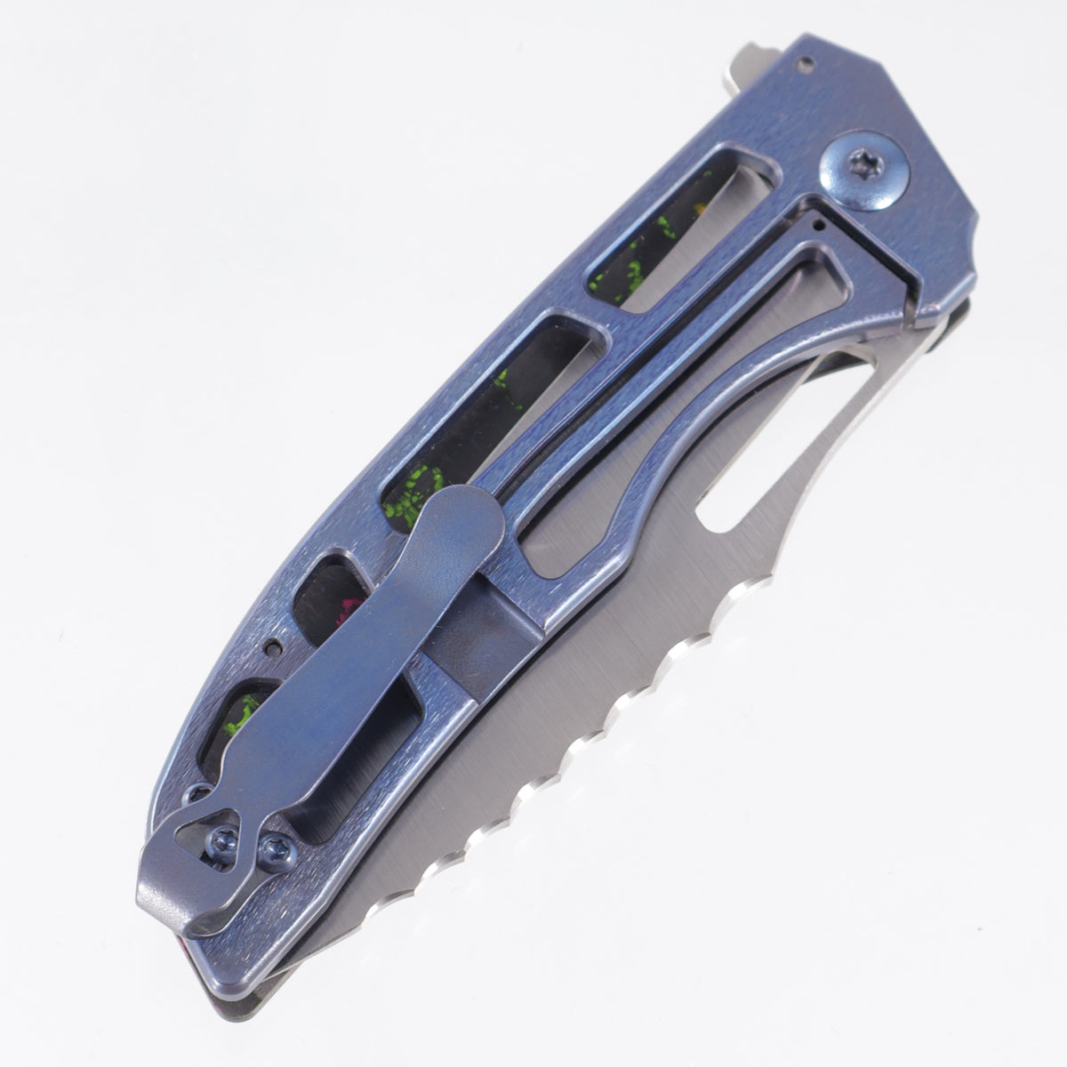 John Gray Slitter V2 Drop Point - 80s Camo Carbon Lace Texture - Blue Ano Barked Titanium w/ Blue Hardware - Satin Magnacut - BROP Exclusive