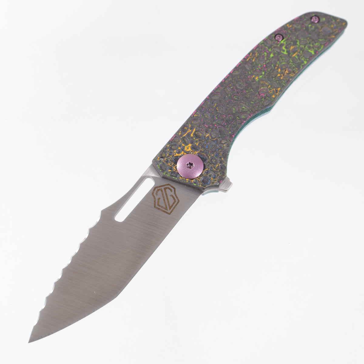John Gray Slitter V2 Tanto - 80s Camo Carbon Lace Texture - Green Ano Barked Titanium w/ Pink Hardware - Satin Magnacut - BROP Exclusive