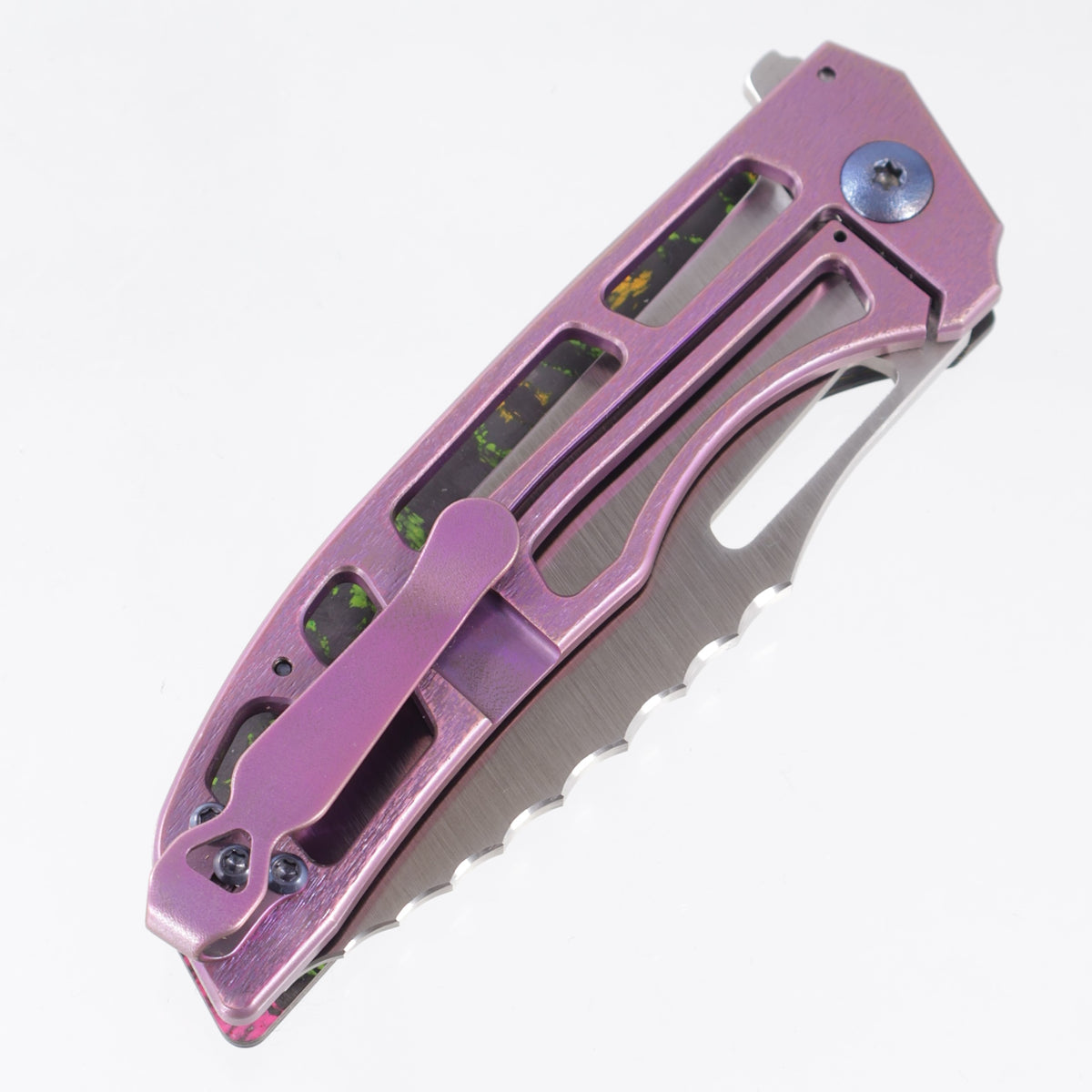 John Gray Slitter V2 Tanto - 80s Camo Carbon Reverse Lace Texture - Pink Ano Barked Titanium w/ Blue Hardware - Satin Magnacut - BROP Exclusive