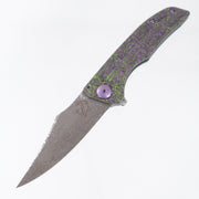 John Gray Slitter V2 Bowie (No Hole) - Worldbreaker Camo Carbon Faux Ported - Green & Purple Ano Barked Titanium w/ Purple Hardware - Dark Rain Magnacut