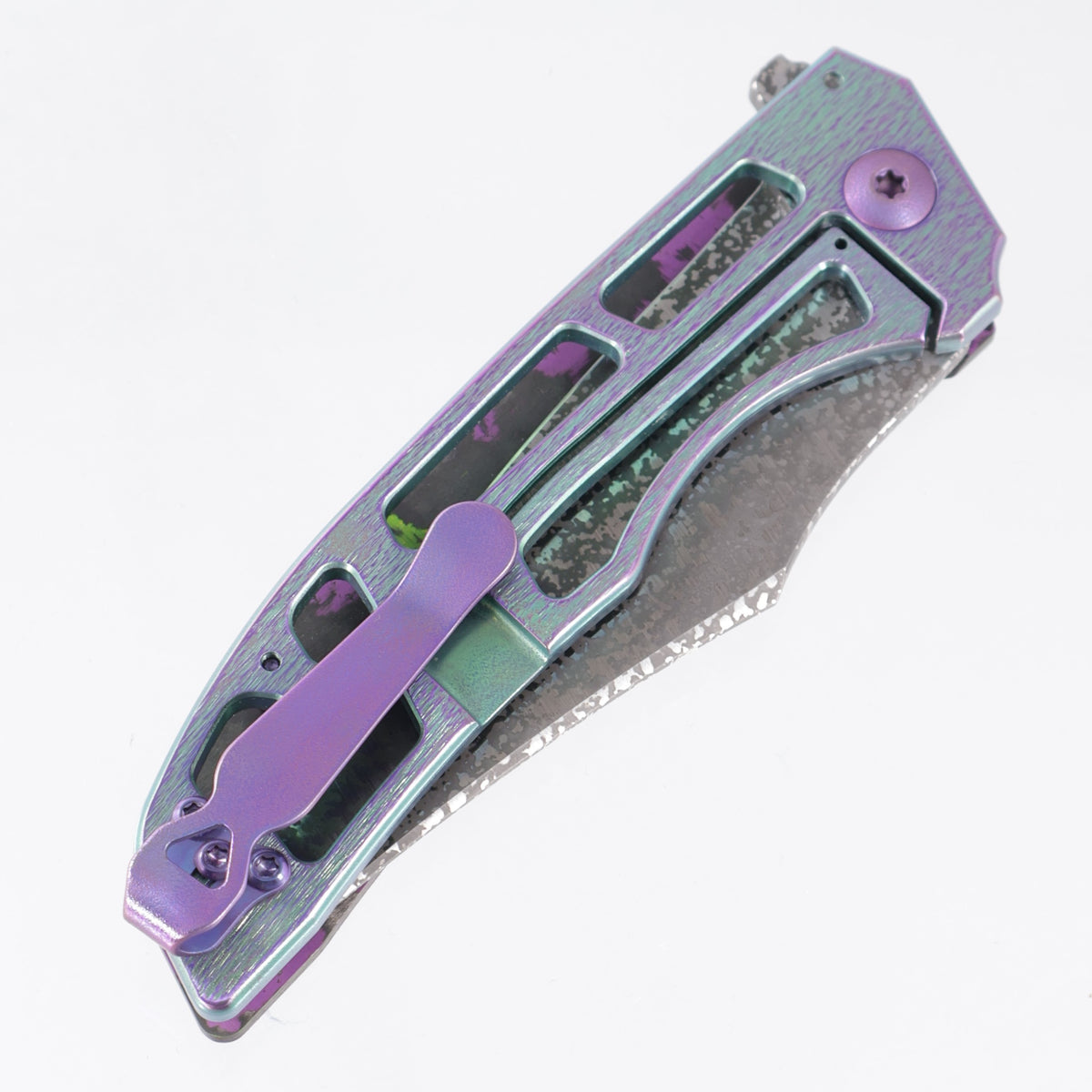 John Gray Slitter V2 Bowie (No Hole) - Worldbreaker Camo Carbon Faux Ported - Green & Purple Ano Barked Titanium w/ Purple Hardware - Dark Rain Magnacut