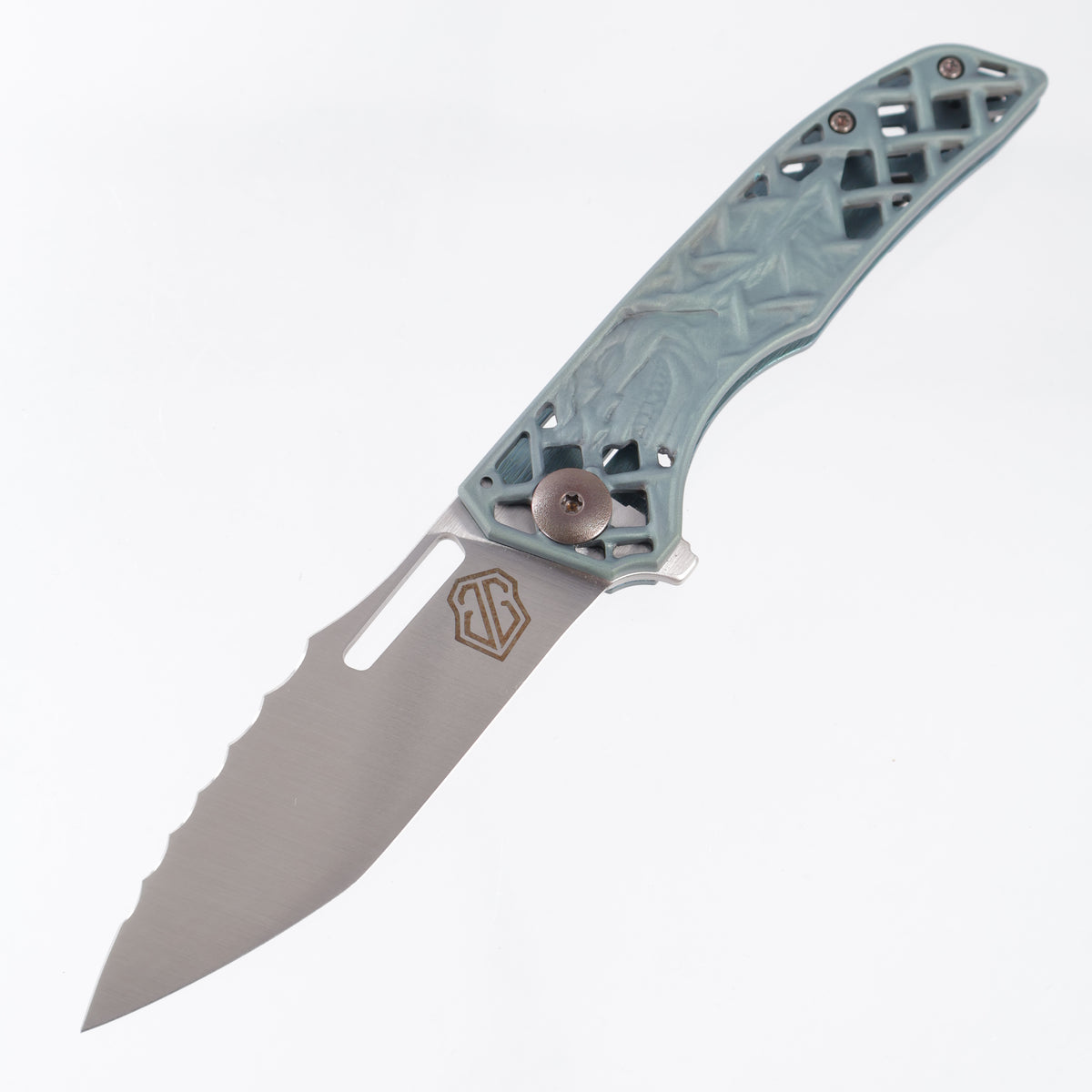 John Gray Slitter V2 Tanto - Matte Green Ano Goblin Milled Chainmail Titanium - Chainmail Titanium w/ Bronze Hardware - Satin Magnacut - 1 of 5
