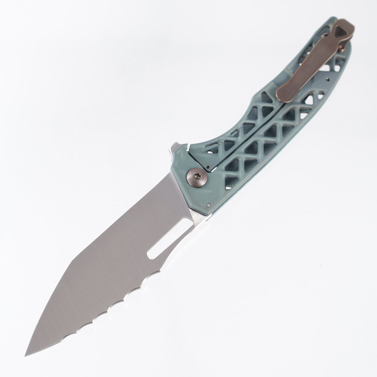 John Gray Slitter V2 Tanto - Matte Green Ano Goblin Milled Chainmail Titanium - Chainmail Titanium w/ Bronze Hardware - Satin Magnacut - 1 of 5
