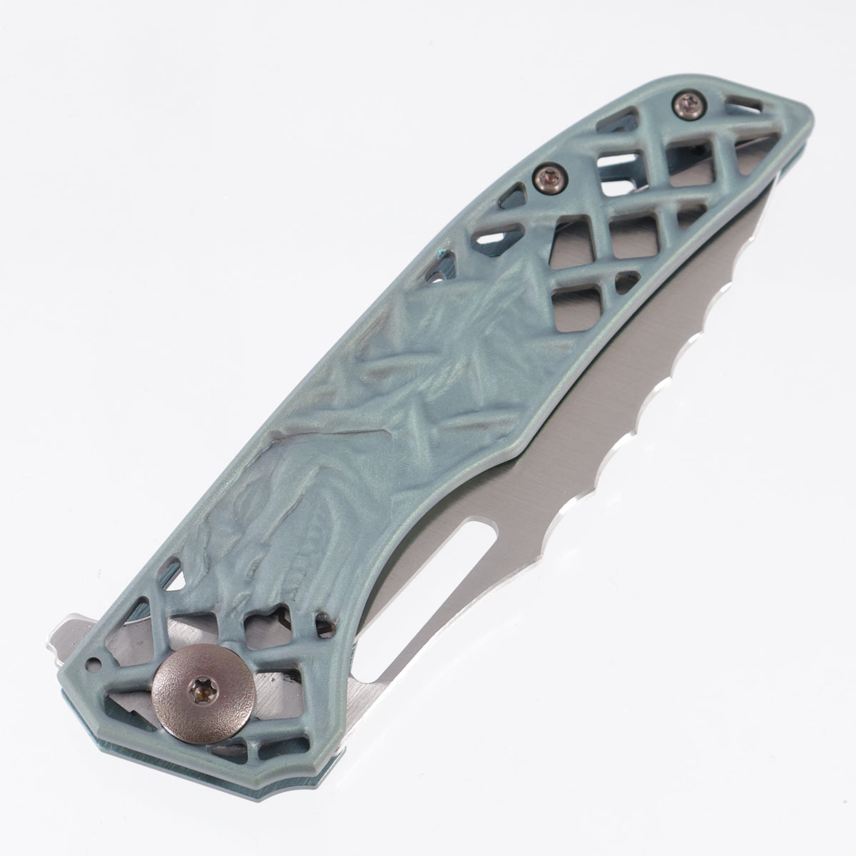John Gray Slitter V2 Tanto - Matte Green Ano Goblin Milled Chainmail Titanium - Chainmail Titanium w/ Bronze Hardware - Satin Magnacut - 1 of 5
