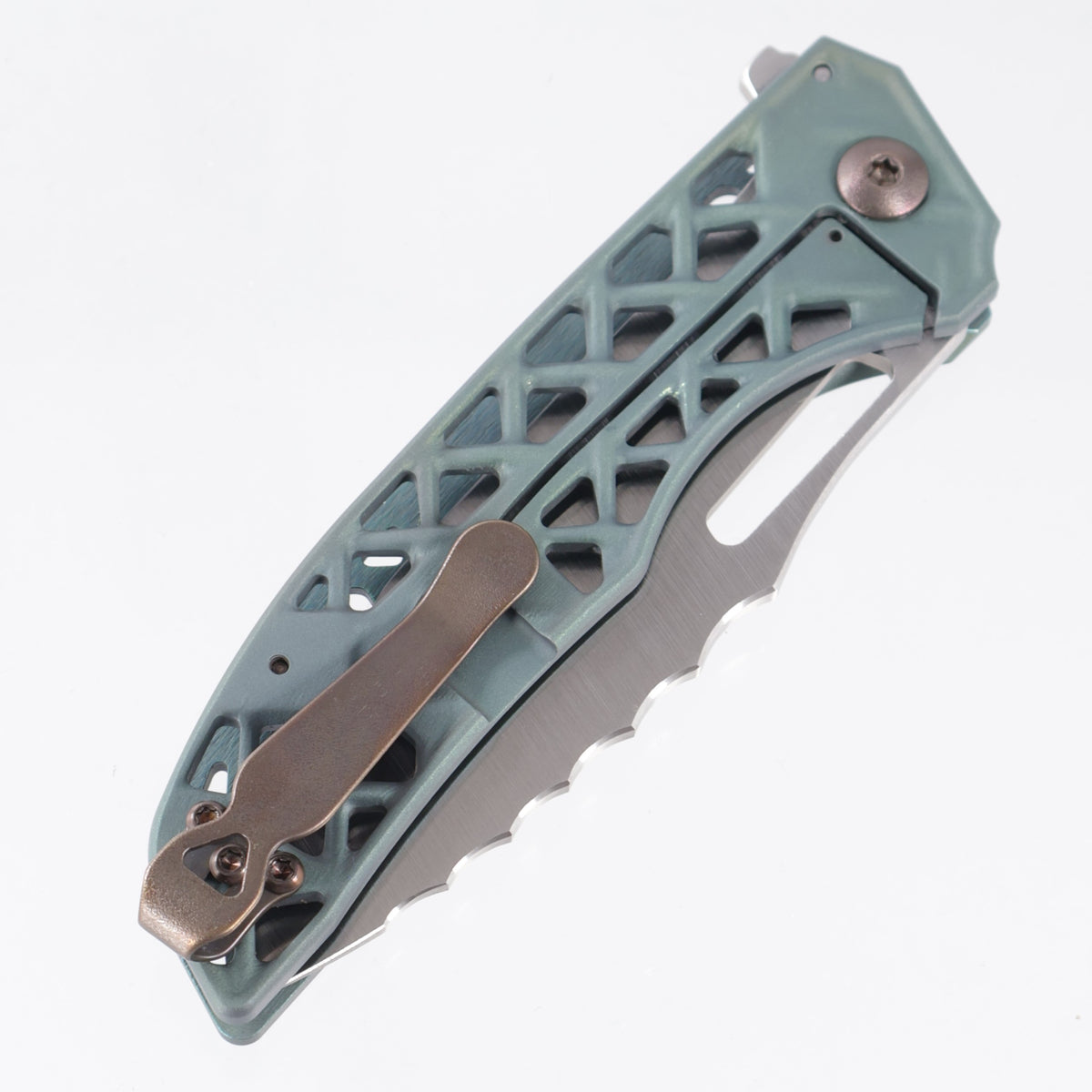 John Gray Slitter V2 Tanto - Matte Green Ano Goblin Milled Chainmail Titanium - Chainmail Titanium w/ Bronze Hardware - Satin Magnacut - 1 of 5