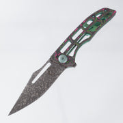 John Gray Slitter V2 Harpoon Bowie - Watermelon Sugar Camo Carbon / Barked Green & Purple Titanium - Dark Rain Magnacut